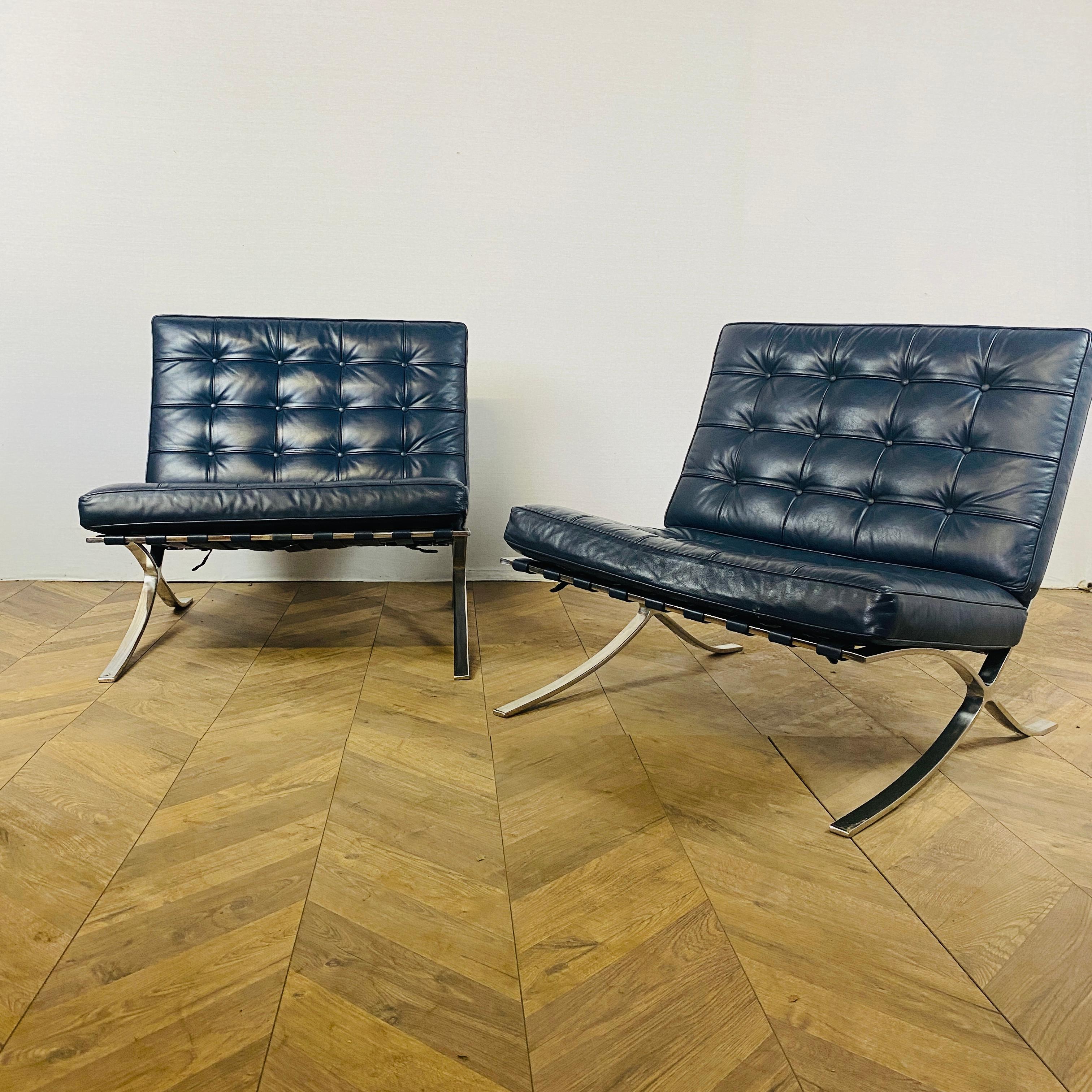 Barcelona Chairs Designed by Ludwig Mies Van Der Rohe, Blue Leather, Set of 2 4