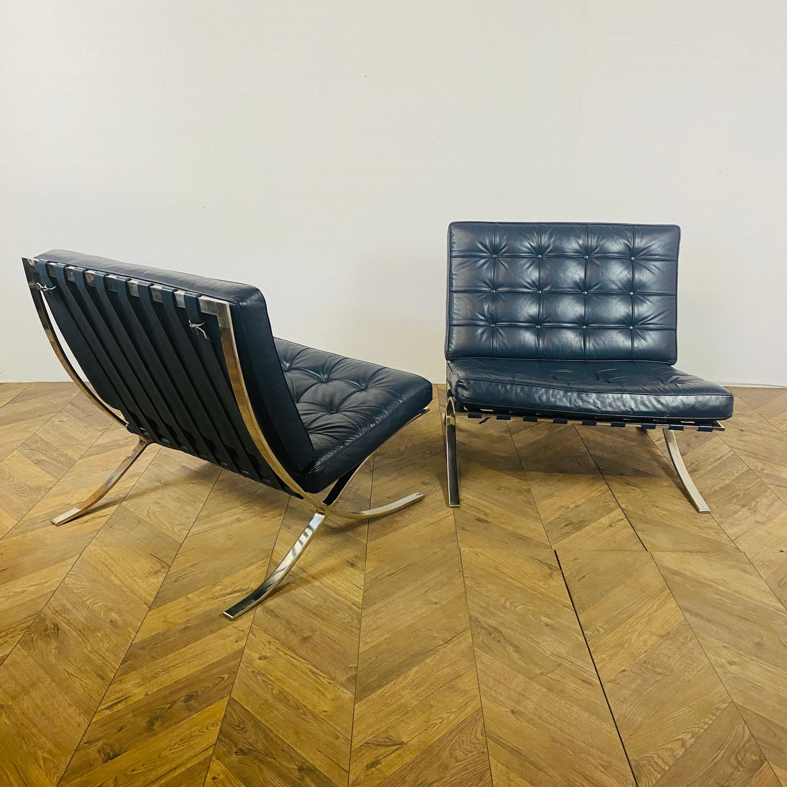 Barcelona Chairs Designed by Ludwig Mies Van Der Rohe, Blue Leather, Set of 2 5