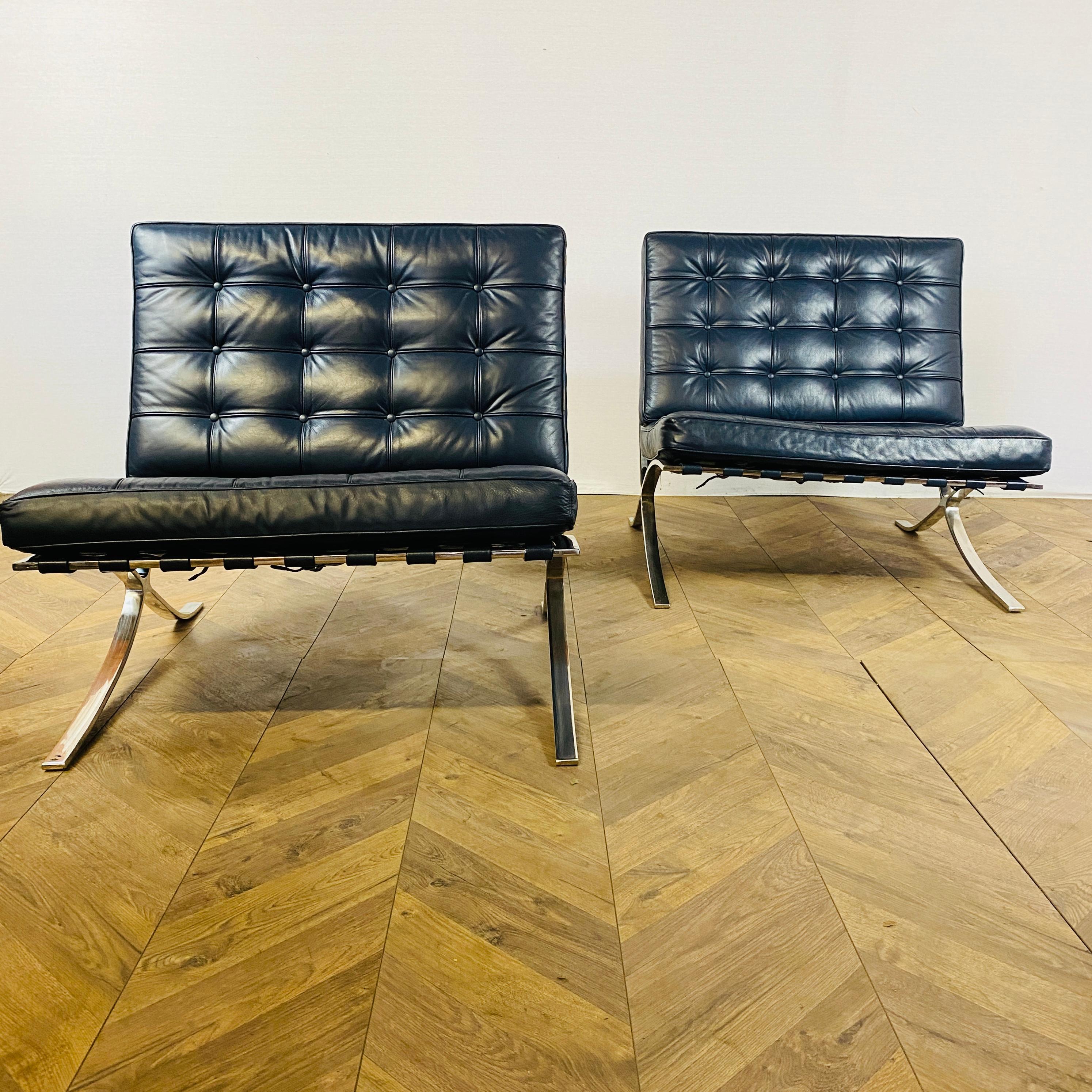 Barcelona Chairs Designed by Ludwig Mies Van Der Rohe, Blue Leather, Set of 2 6