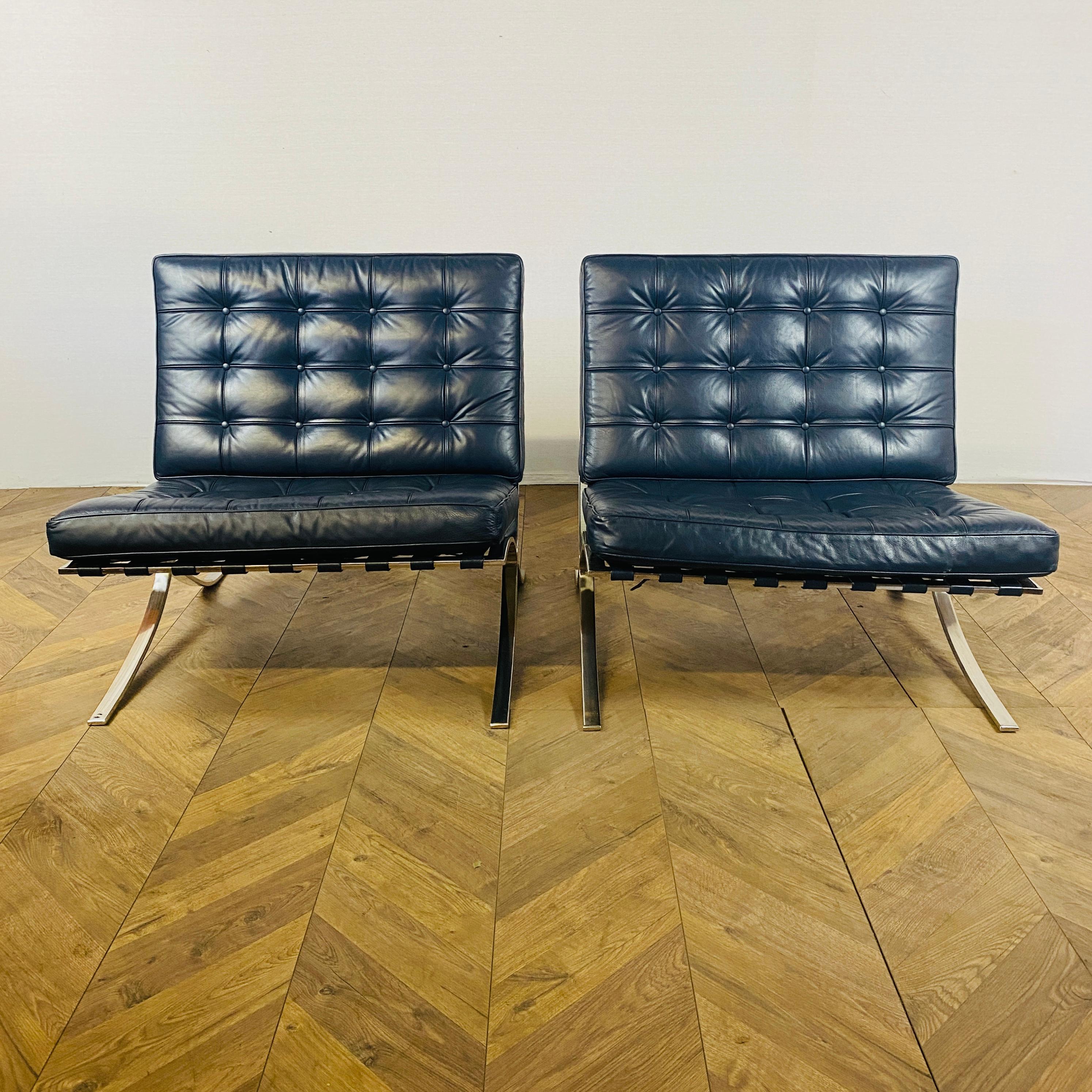 Barcelona Chairs Designed by Ludwig Mies Van Der Rohe, Blue Leather, Set of 2 7