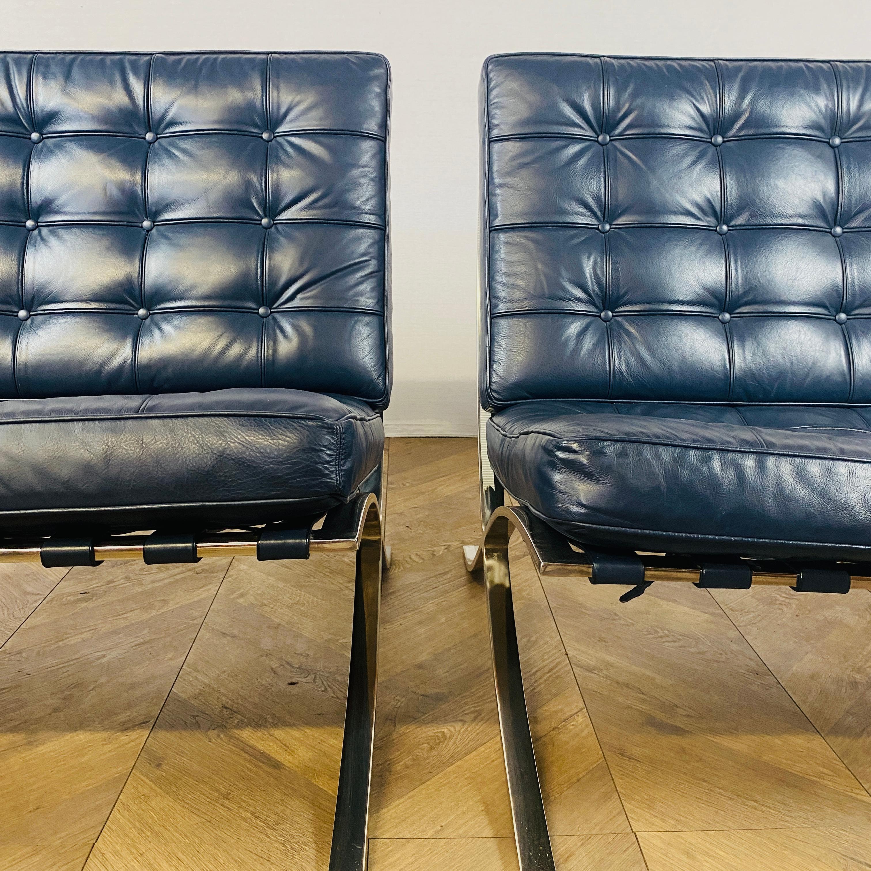 Barcelona Chairs Designed by Ludwig Mies Van Der Rohe, Blue Leather, Set of 2 9