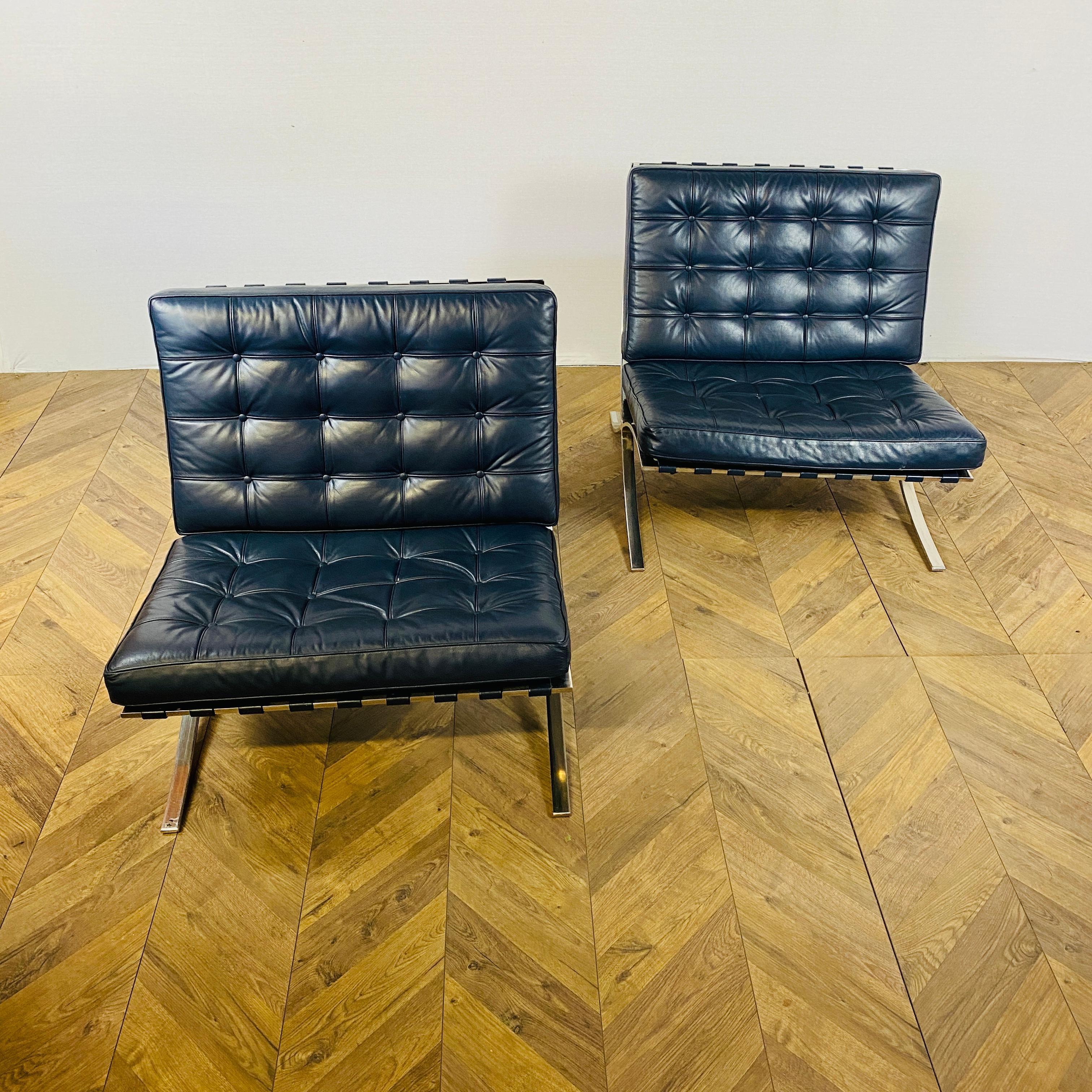 Barcelona Chairs Designed by Ludwig Mies Van Der Rohe, Blue Leather, Set of 2 10