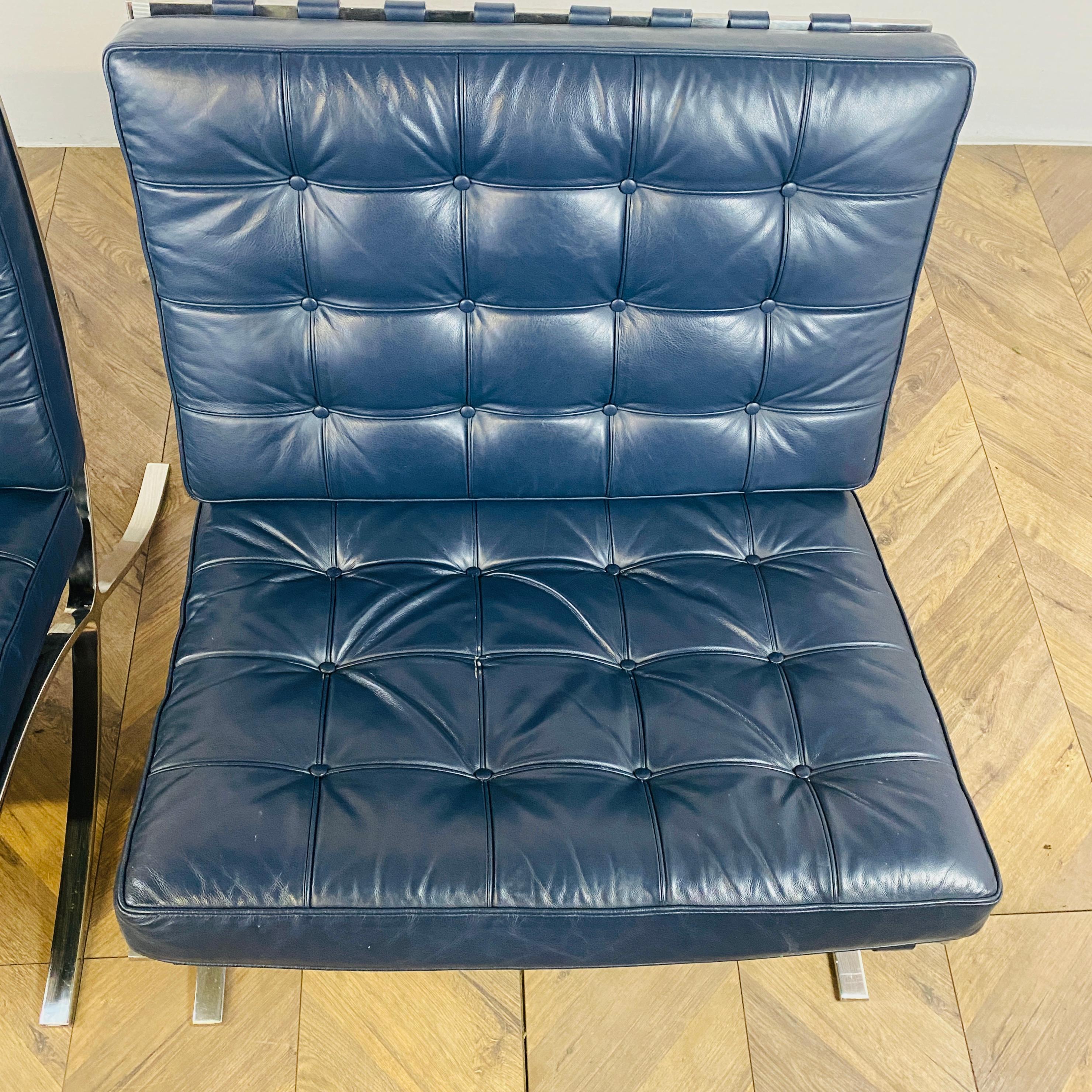 Barcelona Chairs Designed by Ludwig Mies Van Der Rohe, Blue Leather, Set of 2 12