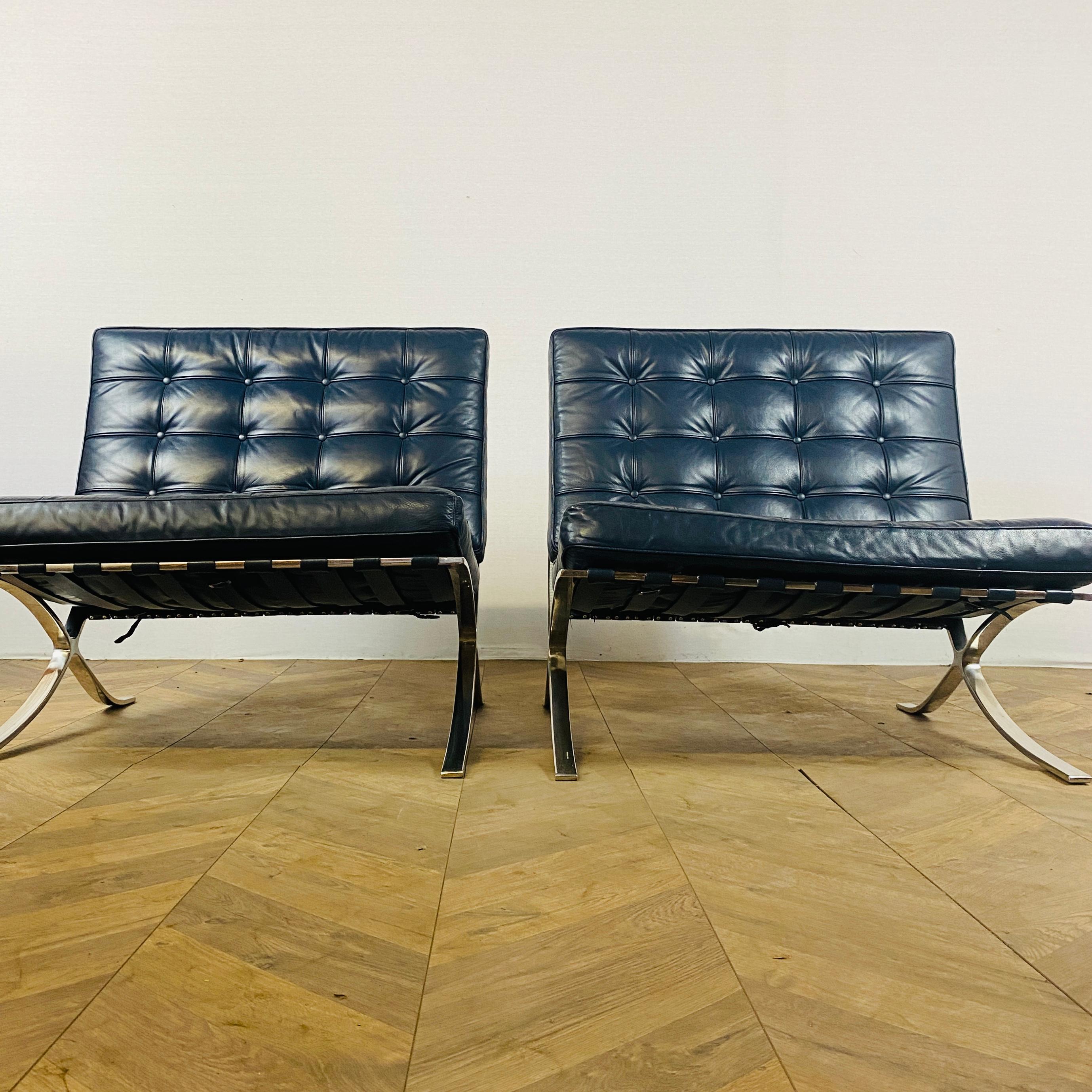 Mid-Century Modern Barcelona Chairs Designed by Ludwig Mies Van Der Rohe, Blue Leather, Set of 2