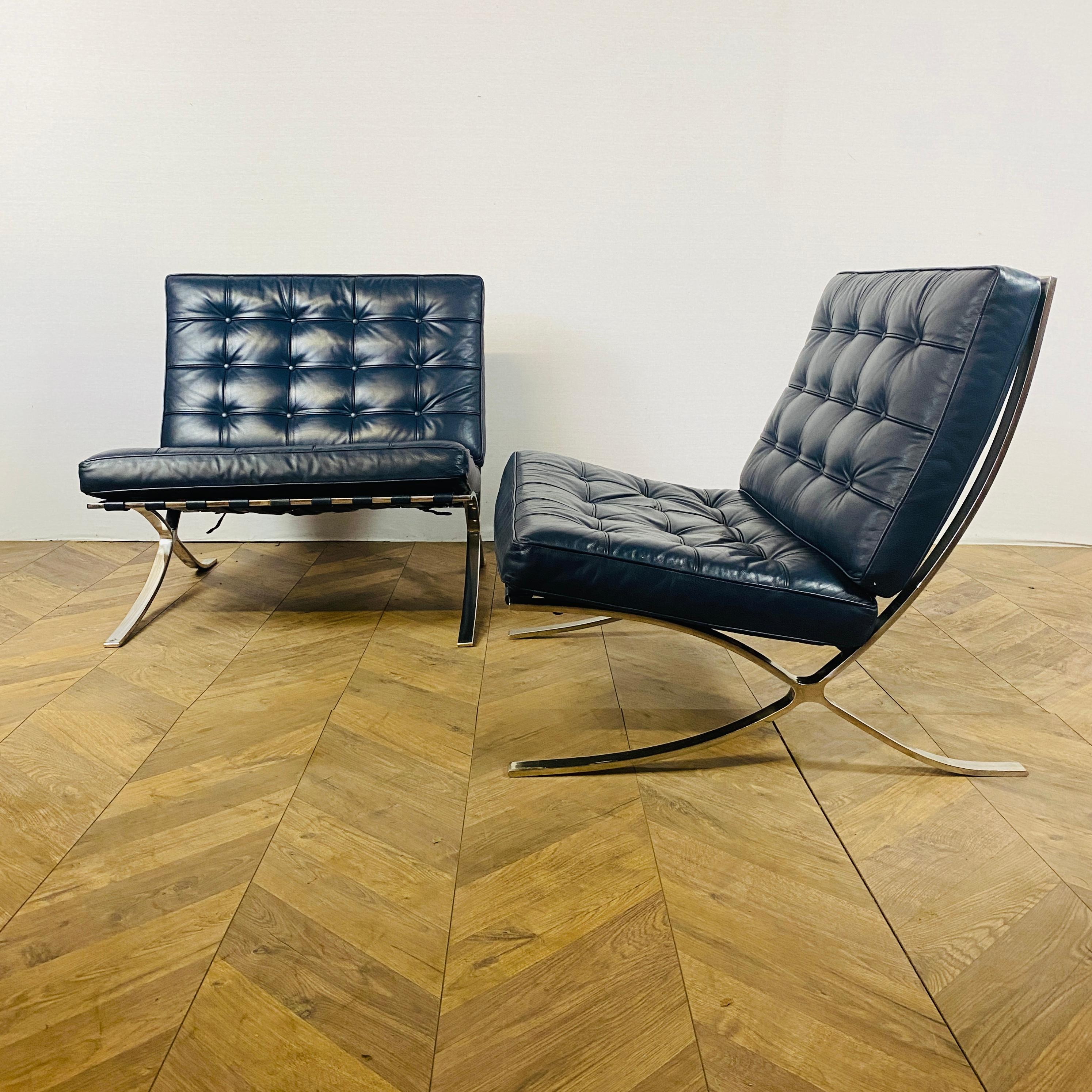 Early 20th Century Barcelona Chairs Designed by Ludwig Mies Van Der Rohe, Blue Leather, Set of 2