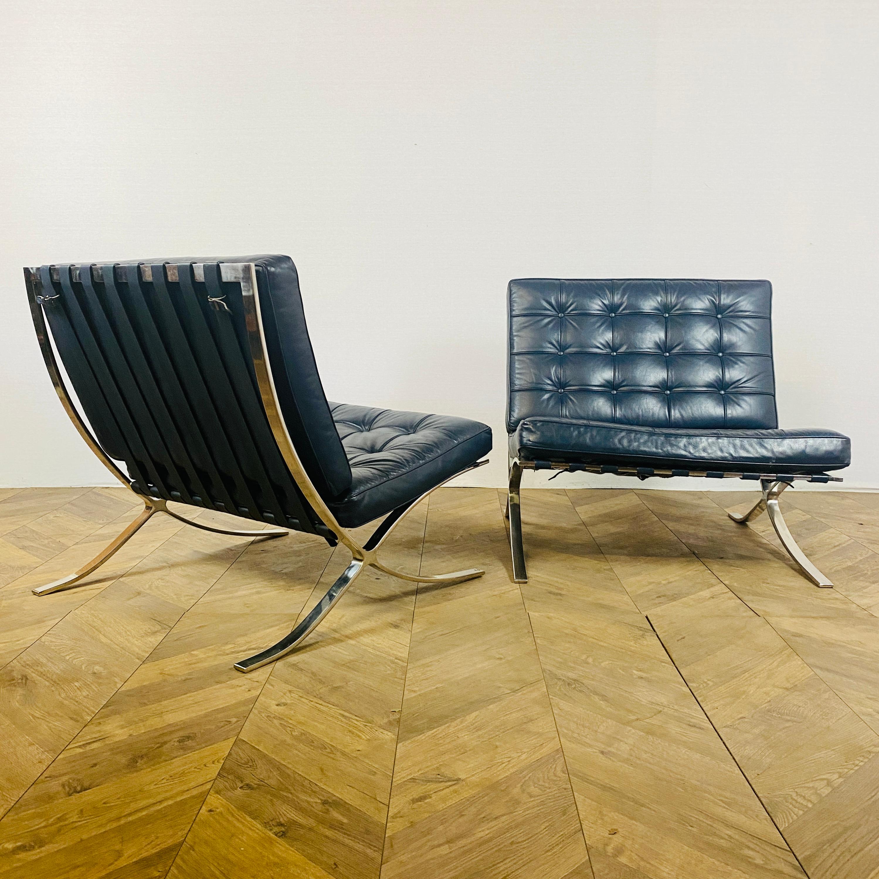 Barcelona Chairs Designed by Ludwig Mies Van Der Rohe, Blue Leather, Set of 2 1