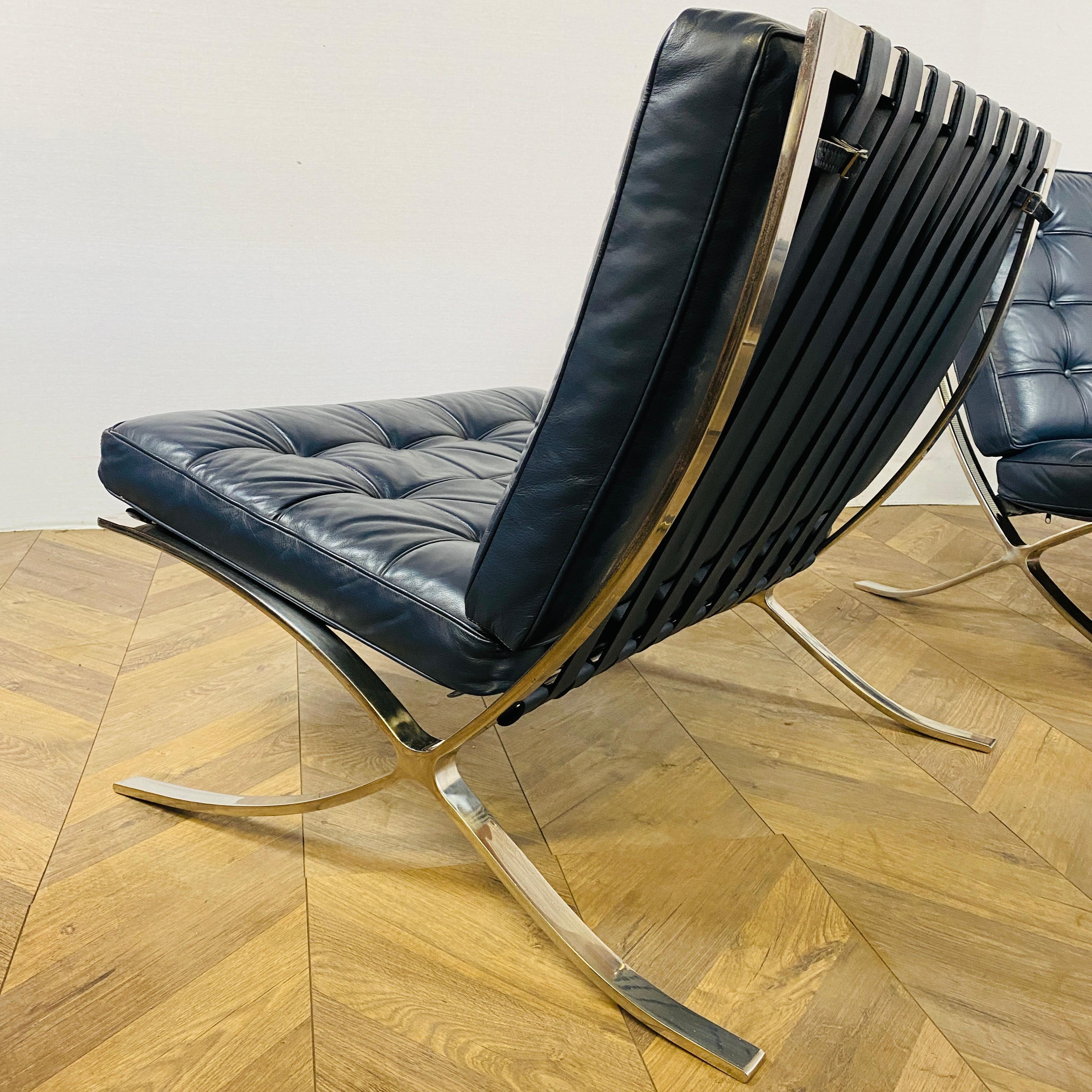 Barcelona Chairs Designed by Ludwig Mies Van Der Rohe, Blue Leather, Set of 2 2