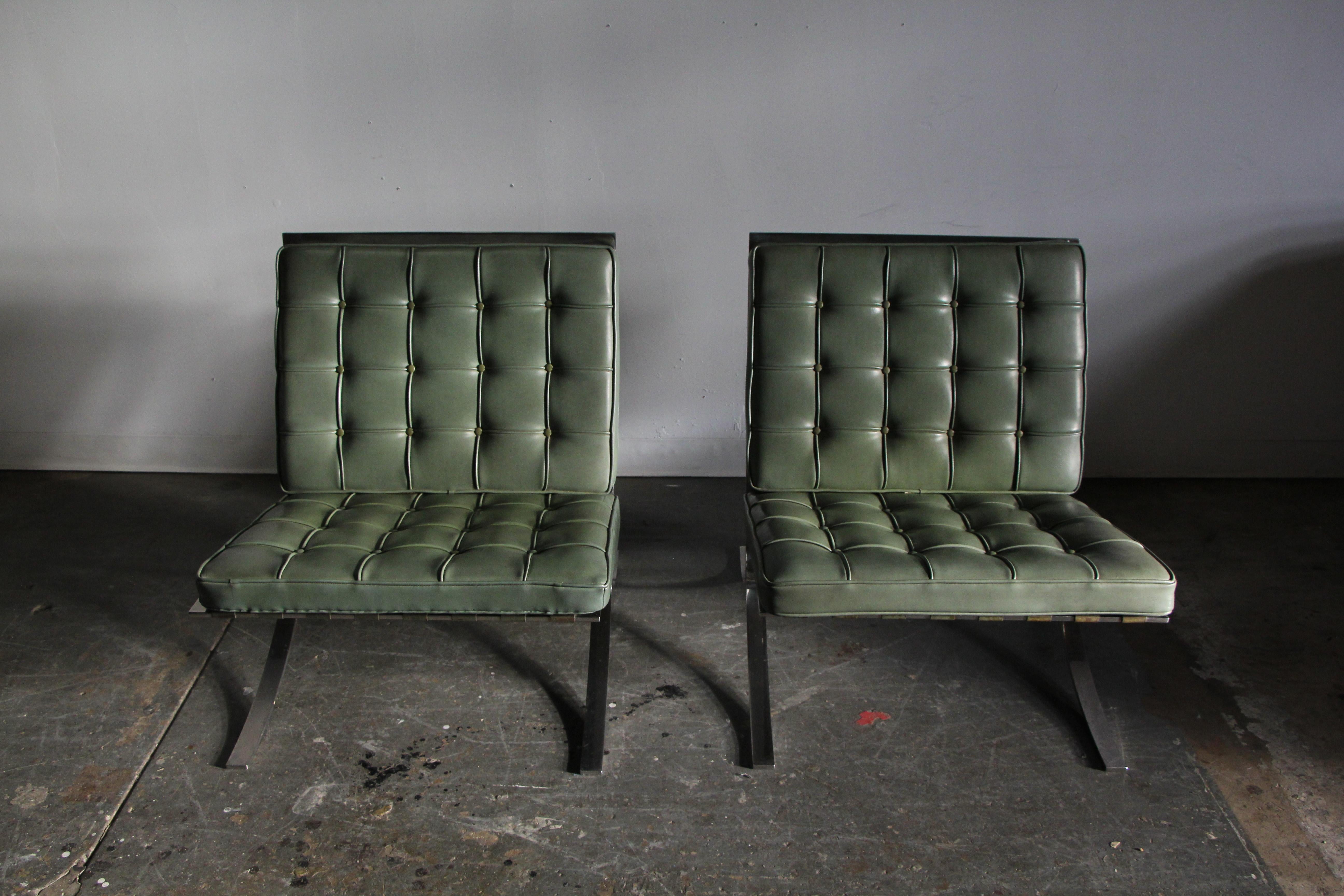 This pair of custom Barcelona chairs came from the famed Lovell Health House designed by Richard Neutra. The Lovell Health House is considered to be the first steel frame structure in the United States. This pair of chairs lived in the Neutra house
