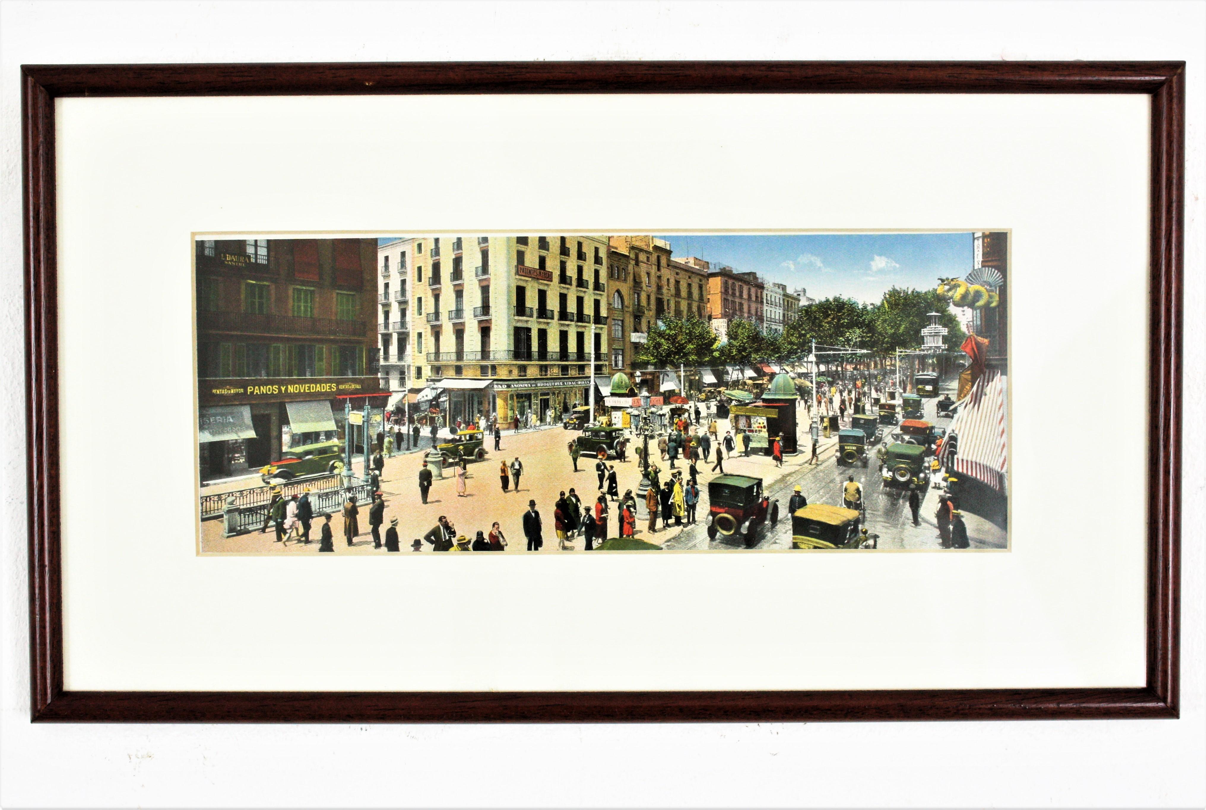 Art déco Ensemble de quatre estampes encadrées, vues de la ville de Barcelone  en vente