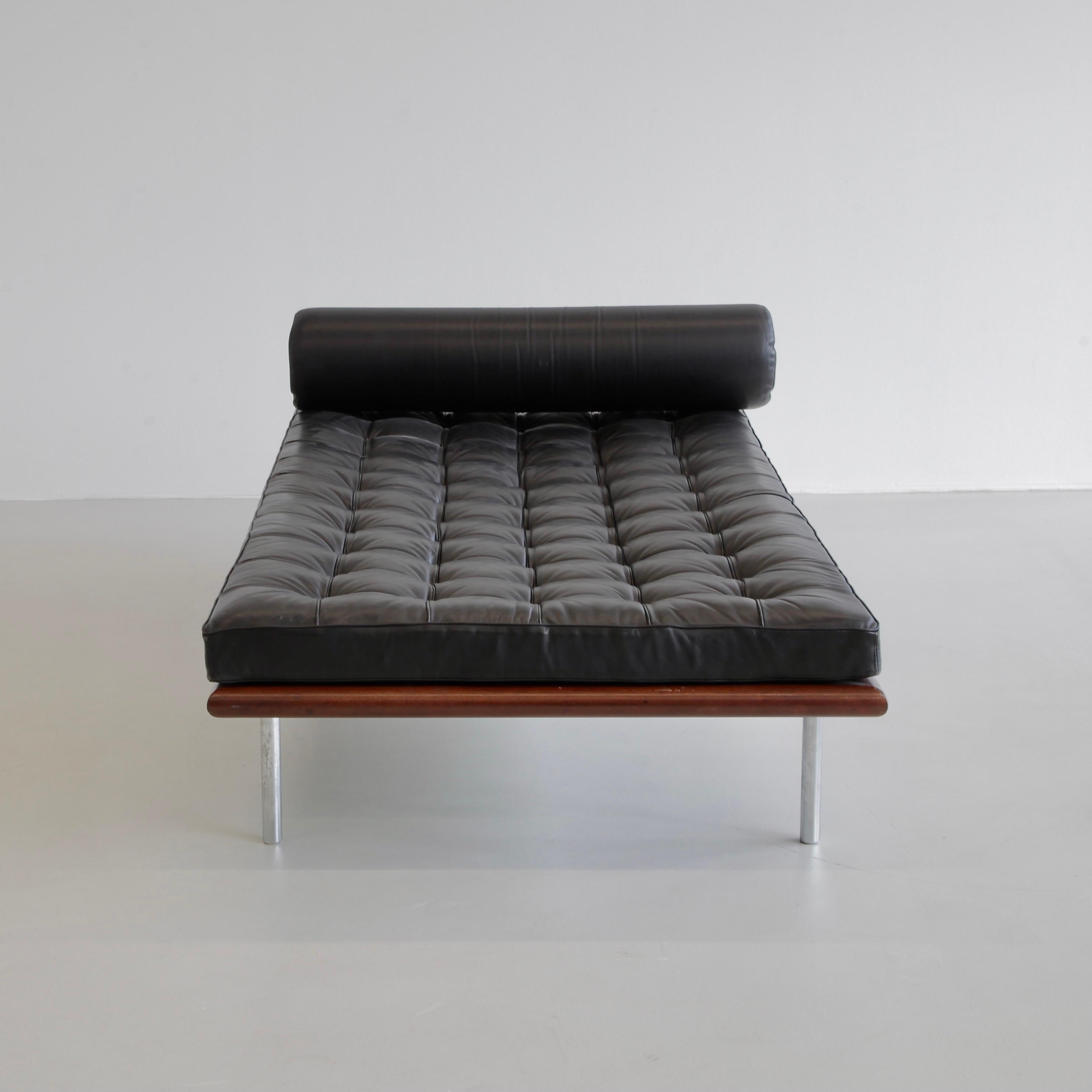 Day bed, designed by Mies van der Rohe. U.S.A., 1970s.

The Barcelona day bed, designed in 1930 by Mies van der Rohe. Wooden frame with eleven leather straps, tubular steel legs and black leather cushion and headrest. This piece dates from the