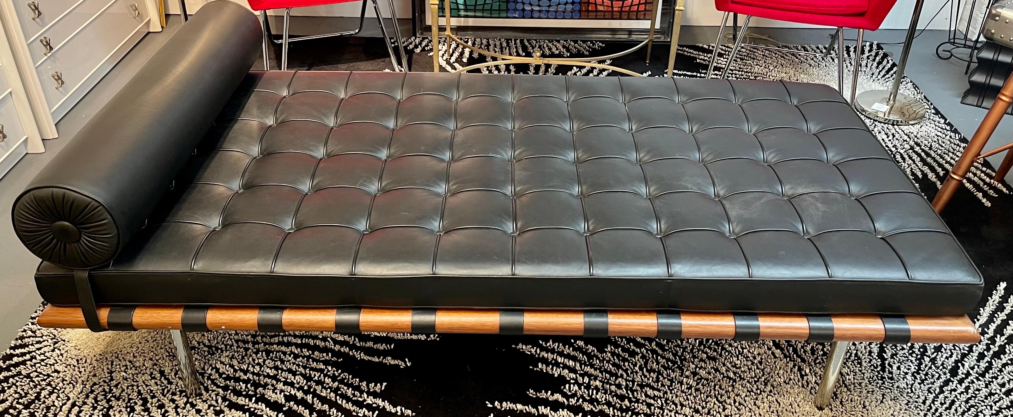 Black leather daybed designed by Ludwig Mies van der Rohe during the late 1920s with Roll pillow that straps to the bed cushion.

Perhaps it's time to own an iconic signed Knoll masterpiece by famed designer Ludwig Mies van der Rohe. This piece
