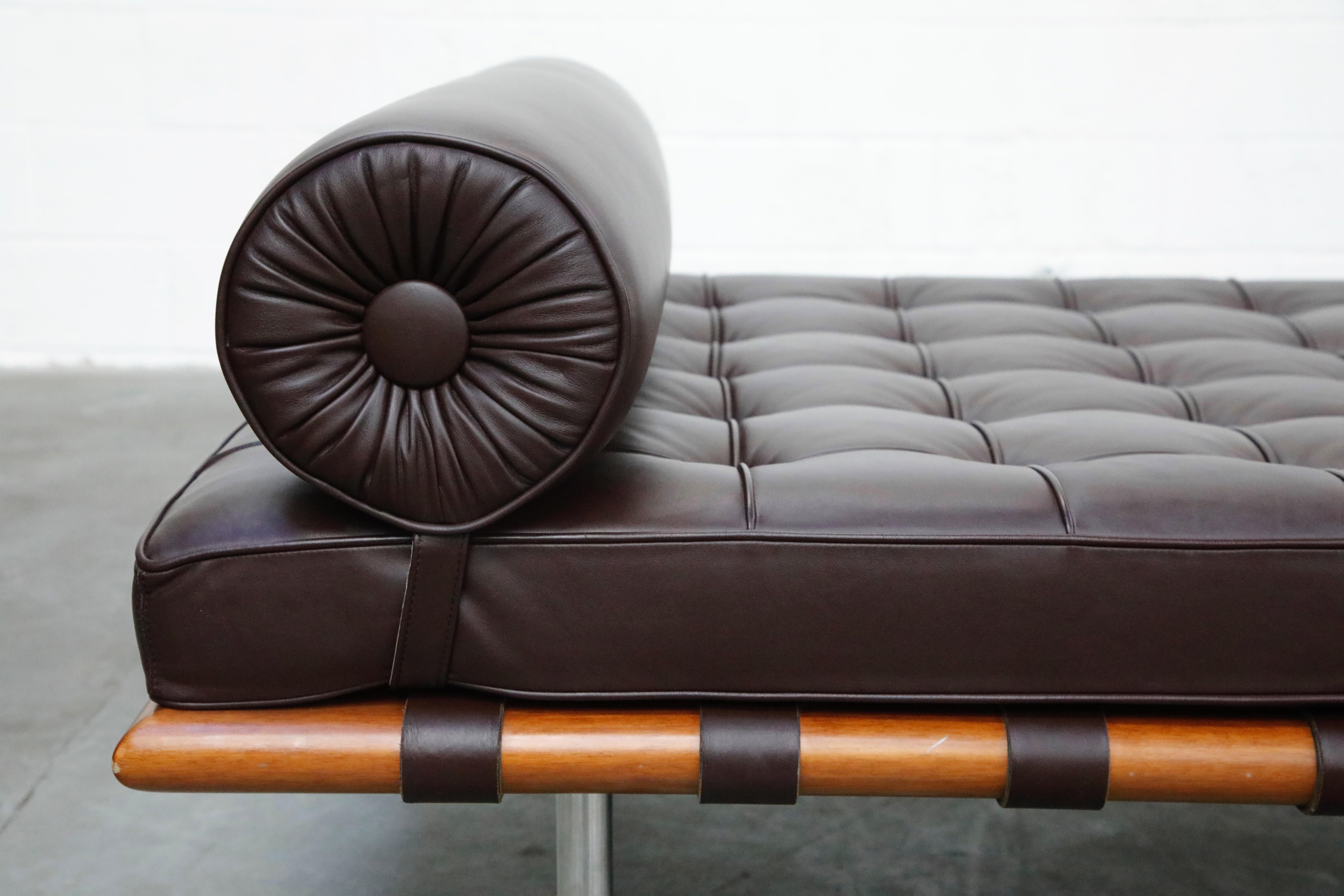 Stainless Steel Barcelona Daybed by Mies Van Der Rohe for Knoll in Dark Brown Leather, Signed