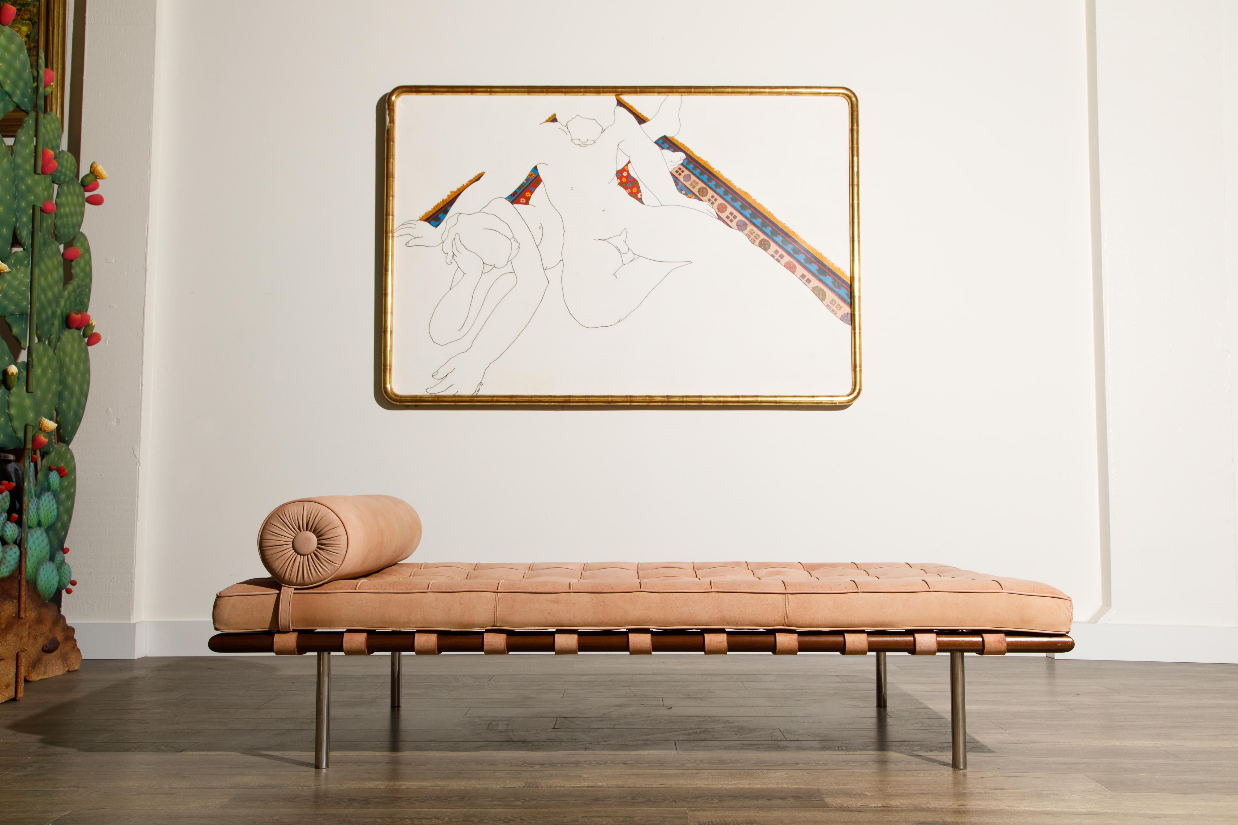 This fantastic Barcelona Daybed by Ludwig Mies Van Der Rohe for Knoll is in a breathtaking nude color (peachy tan with some pink undertones) high quality bovine suede. Thick and a substantial hand feel with incredible texture, as you would expect