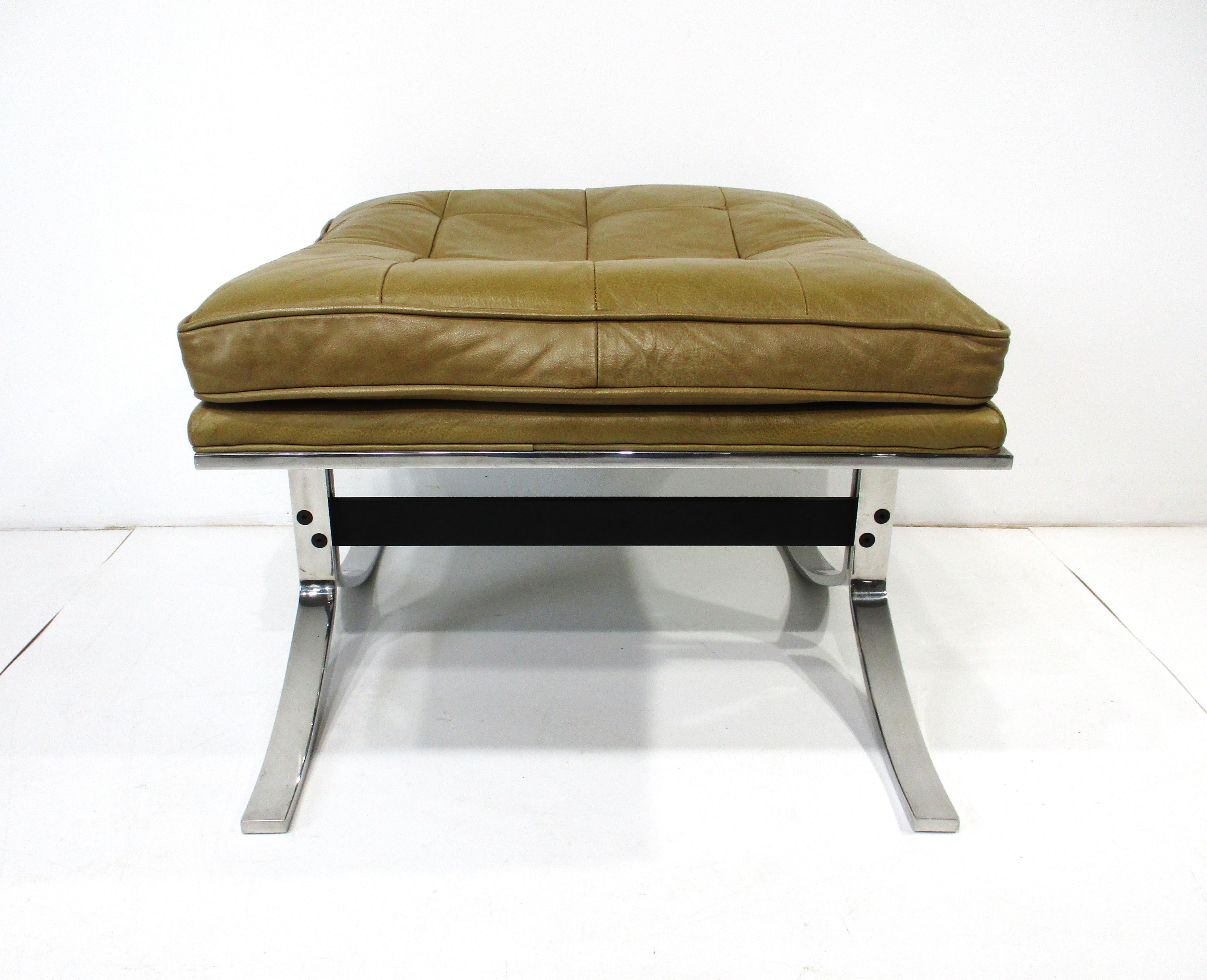 Mid-Century Modern Barcelona Knoll Styled Leather Chrome Ottoman / Stool For Sale