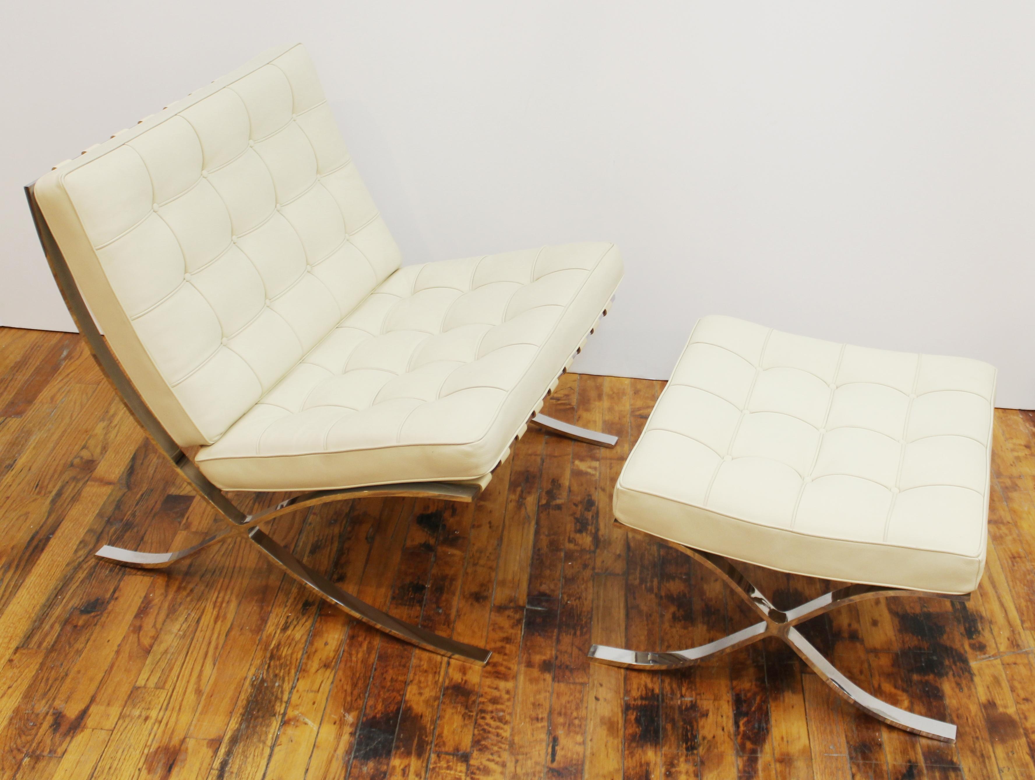 Modern Barcelona style lounge chair and ottoman set, upholstered in cream leather. In good vintage condition, with some minor blemishes in the leather.
