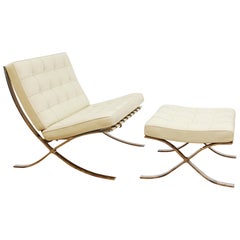 Barcelona Lounge Chair and Ottoman Set in Cream Leather