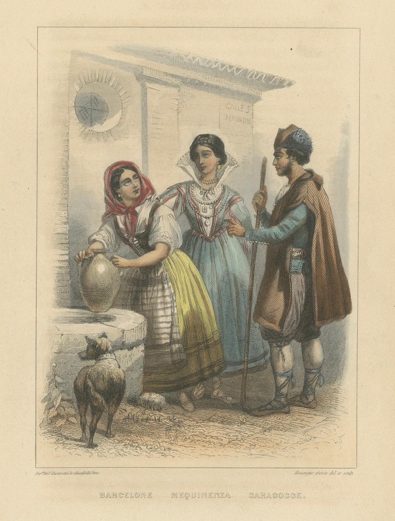 Barcelona, Mequinenza and Saragossa – Hand-Colored Lithograph by Frères, ca.1850