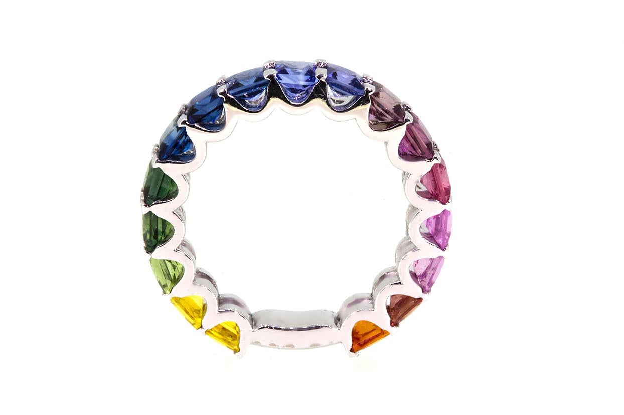 Contemporary Barcelona Rainbow Princess Cut Sapphire 18 Carat White Gold Eternity Band Ring For Sale
