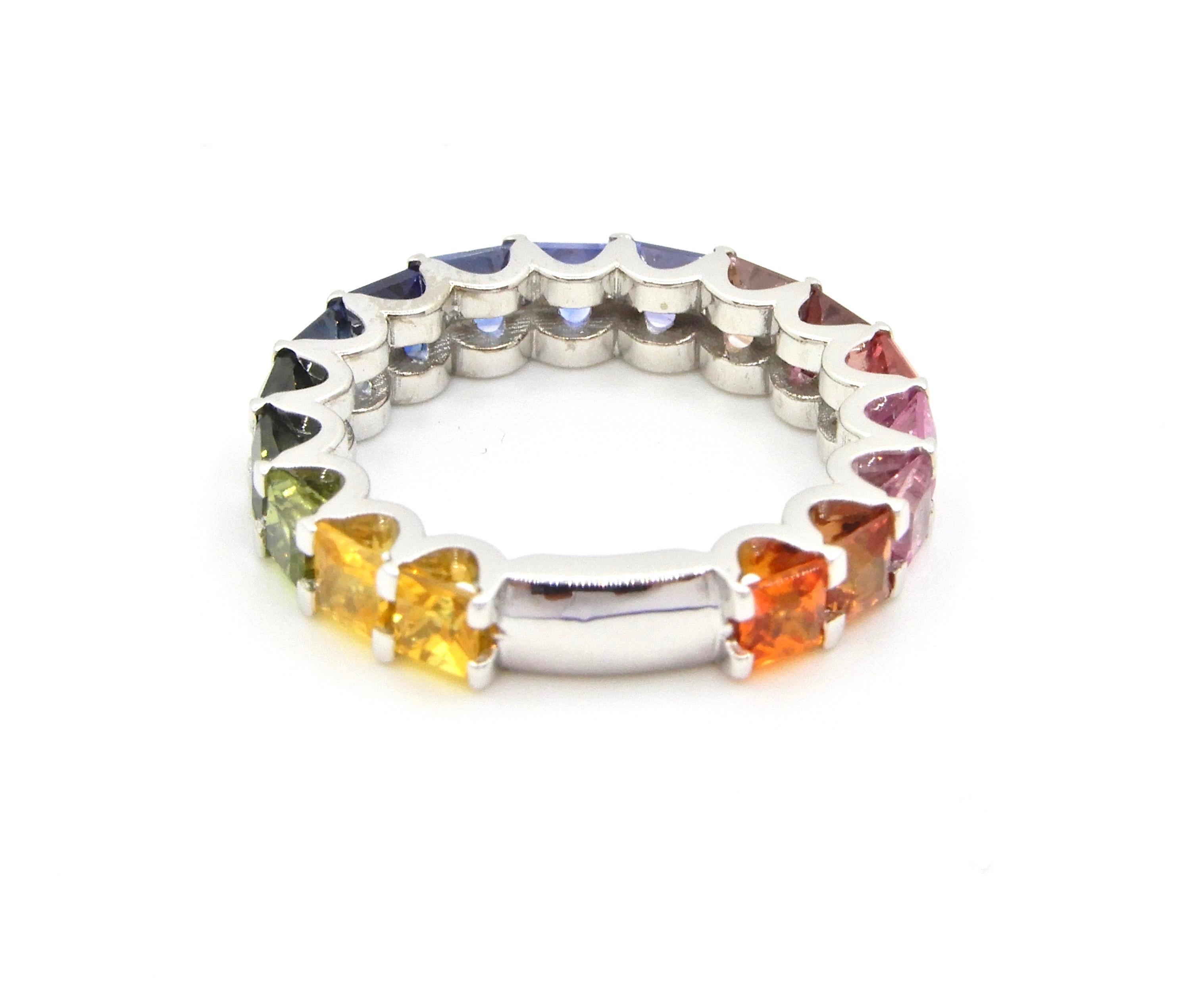 Women's Barcelona Rainbow Princess Cut Sapphire 18 Carat White Gold Eternity Band Ring For Sale