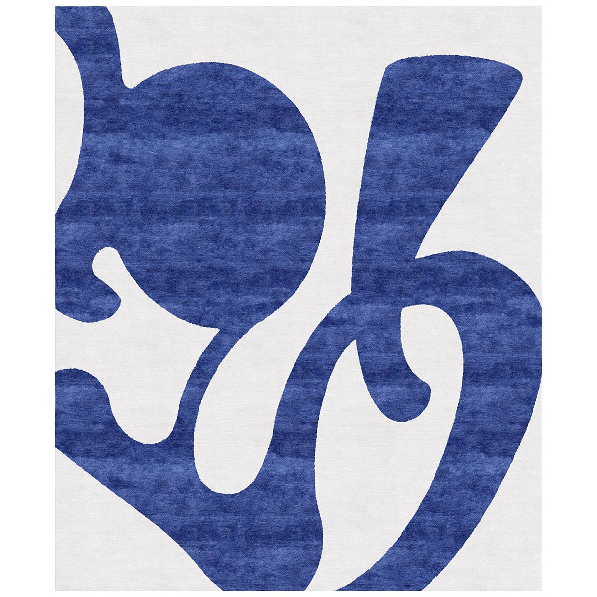 Manchurian Cranes Indigo Blue Beige Designer Hand Knotted Silk Rug