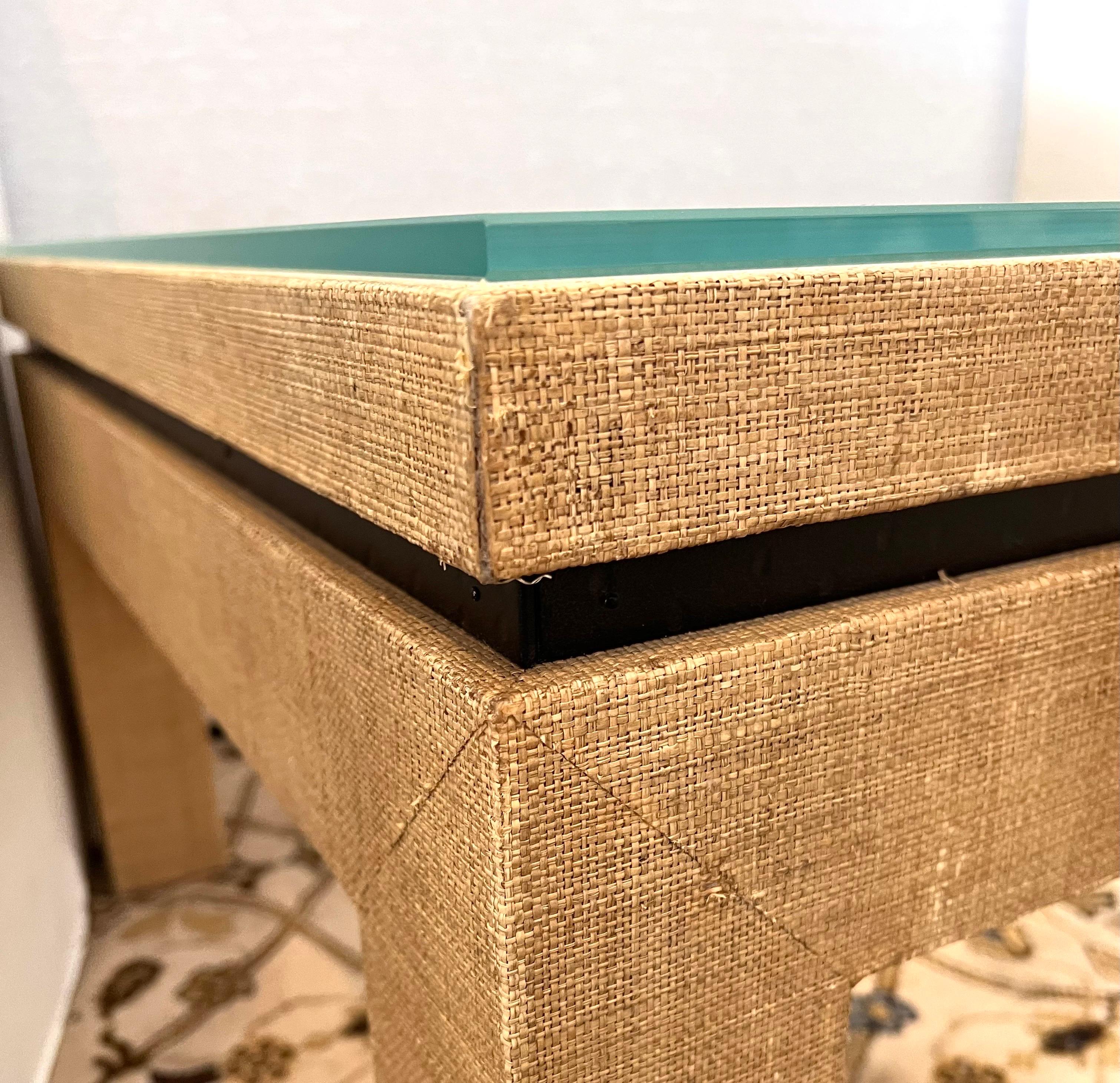 Mid-Century Modern Barclay Butera Raffia Covered Glass Top Cocktail Coffee Table