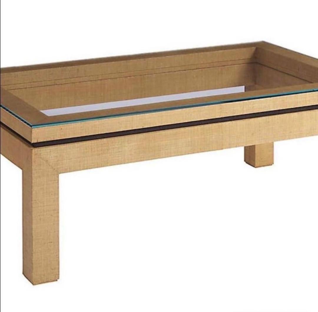 Contemporary Barclay Butera Raffia Covered Glass Top Cocktail Coffee Table For Sale