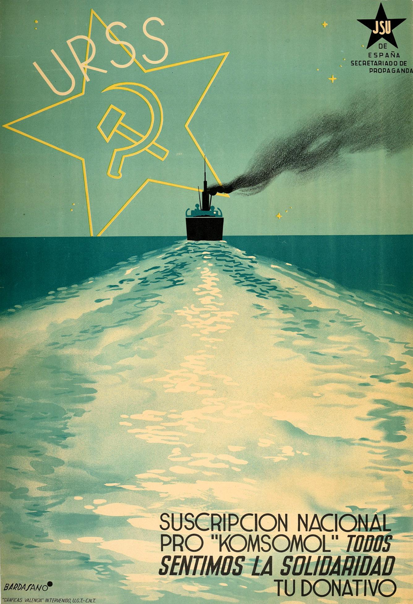Bardasano Print - Original Vintage Poster USSR Komsomol Subscription Spain Unified Socialist Youth