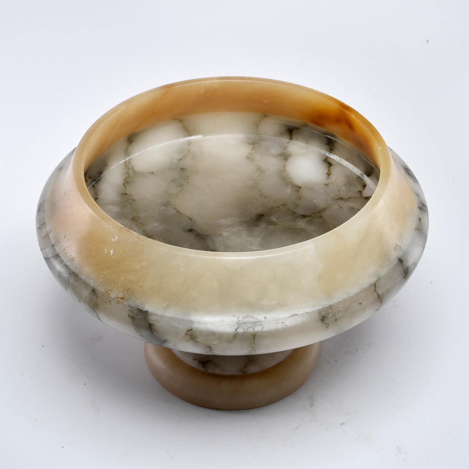 Custom made for us in Italy, this compote is made of alabaster and contrasting bardiglio marble, has a 9” diameter and stands 6” high.
