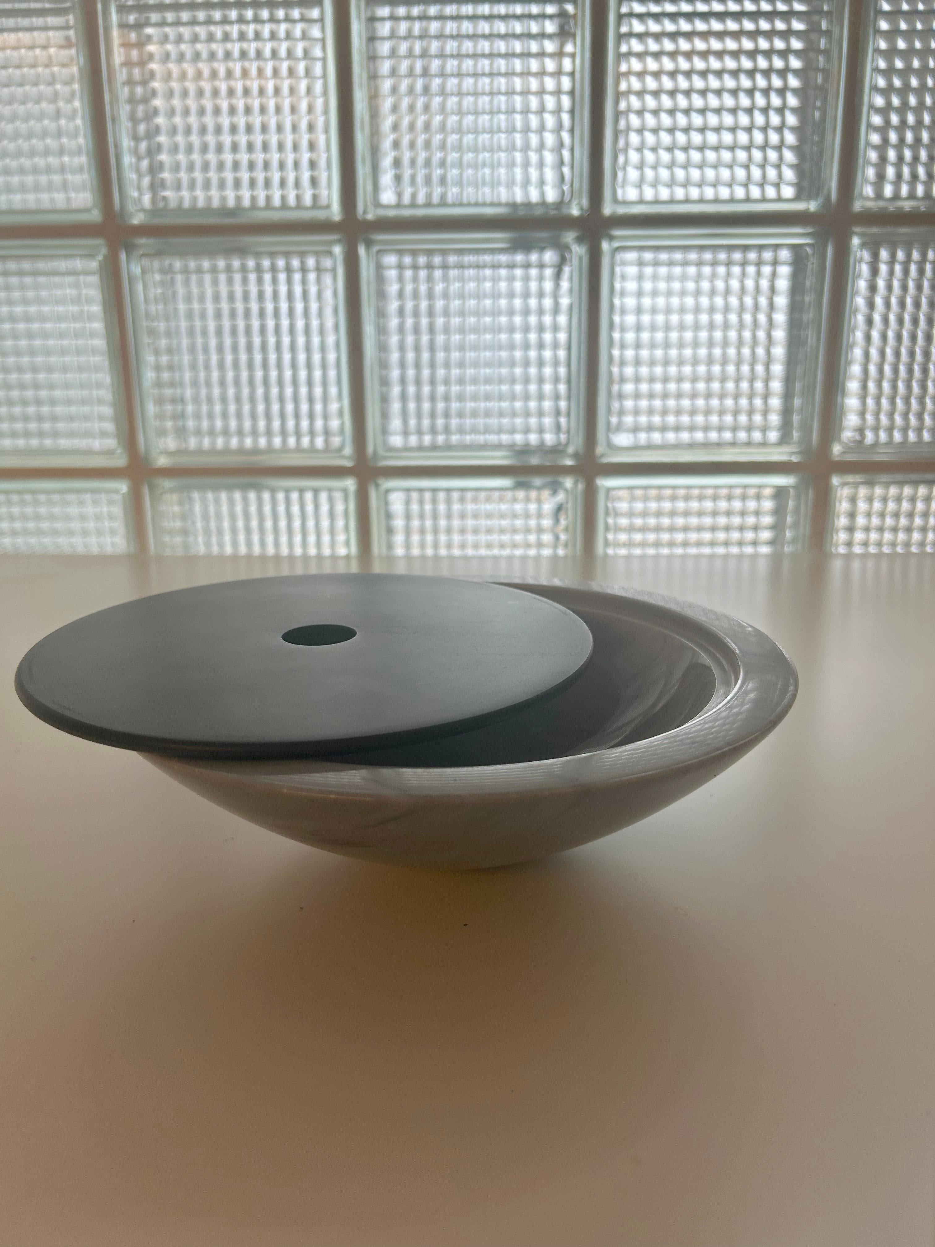 Contemporary Bardiglio Marble Centerpiece Large Bowl with Removable Black Lid - Casigliani For Sale