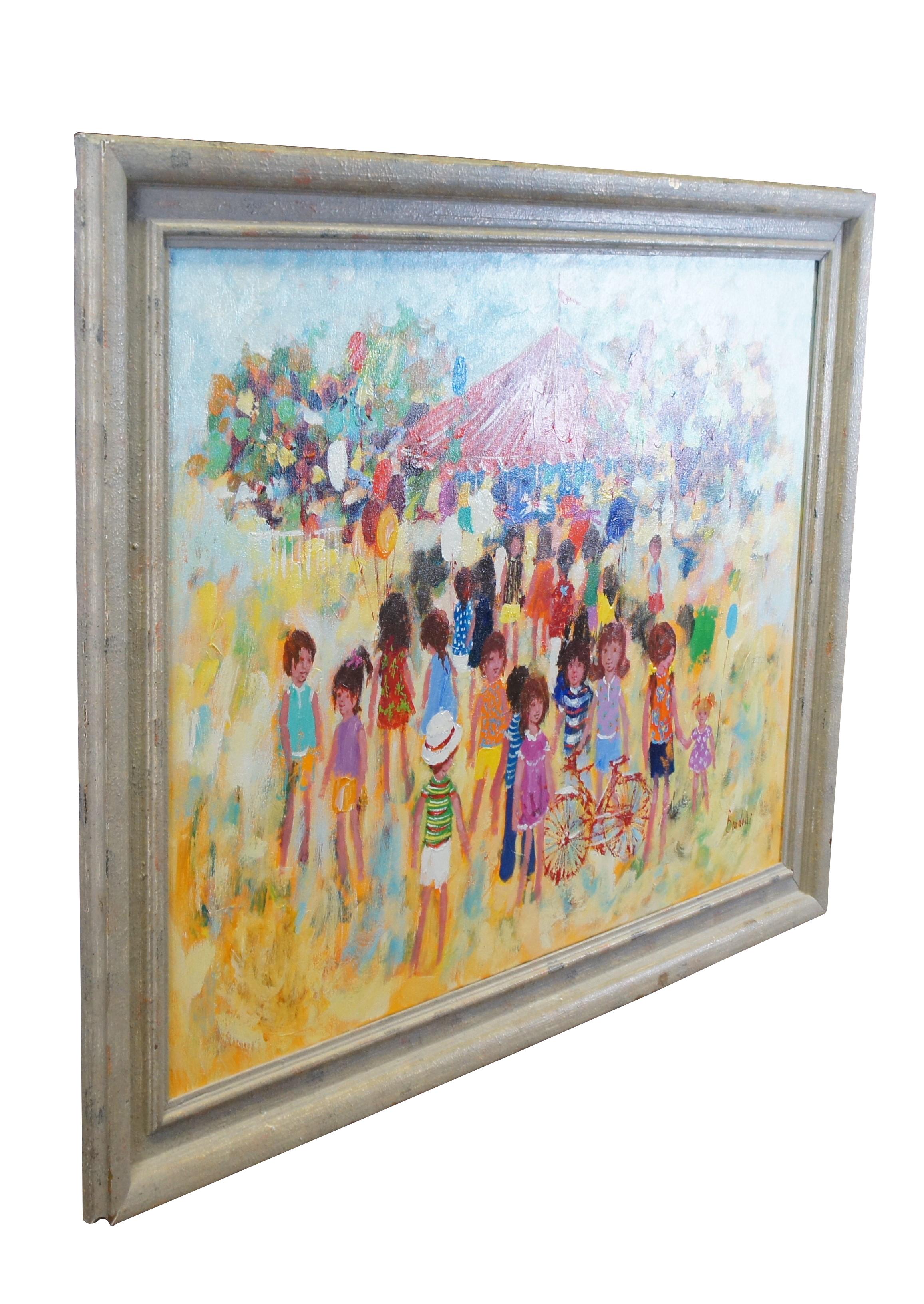 Un dipinto ad olio impressionista su tela di Bardolli, molto grande e d'epoca.  Presenta un tema di carnevale/parco dei divertimenti/circo per bambini, palloncini, una giostra e una bicicletta rossa.

Dimensioni:
36,5