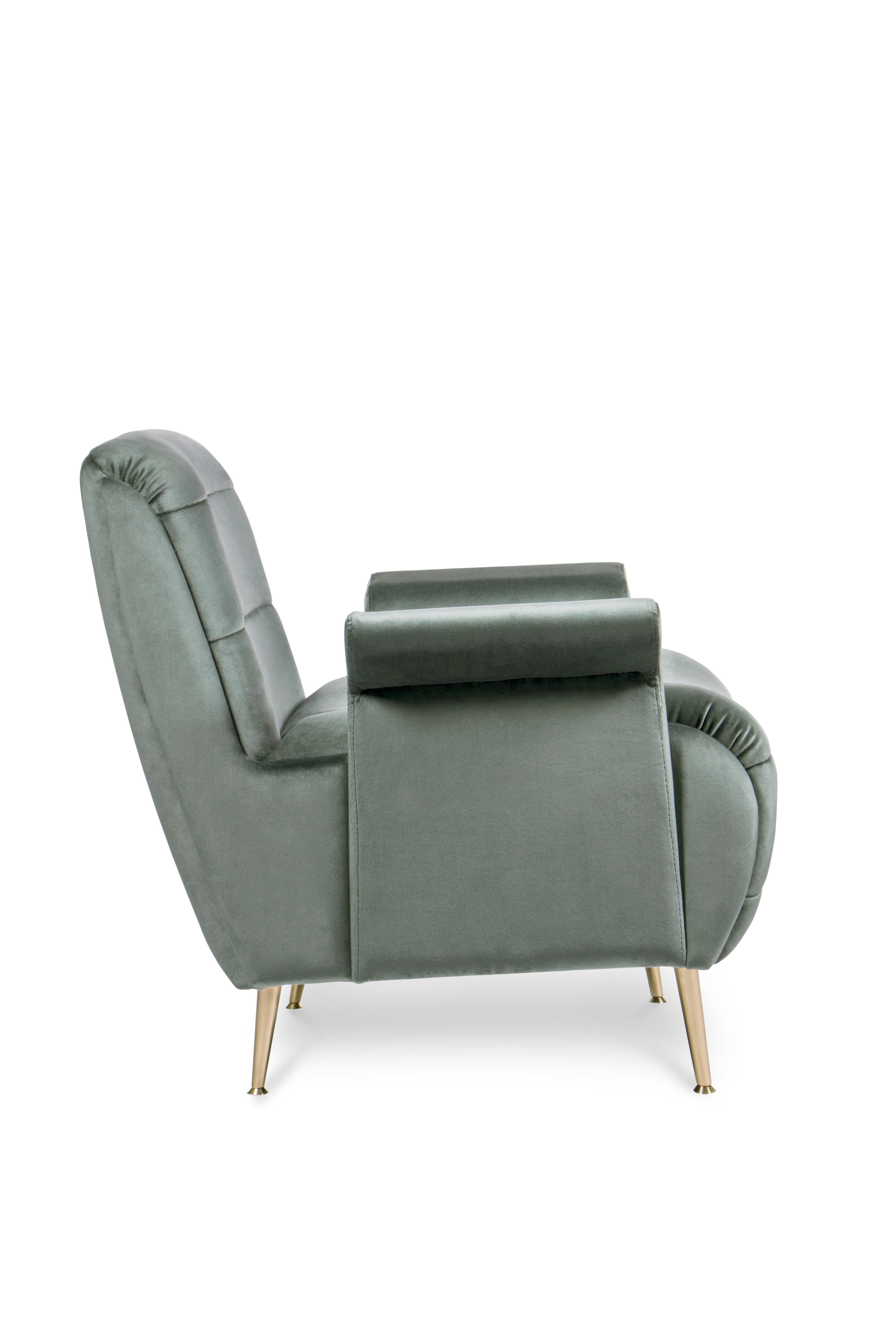 Mid-Century Modern Bardot Armchair in Ash Green Velvet For Sale