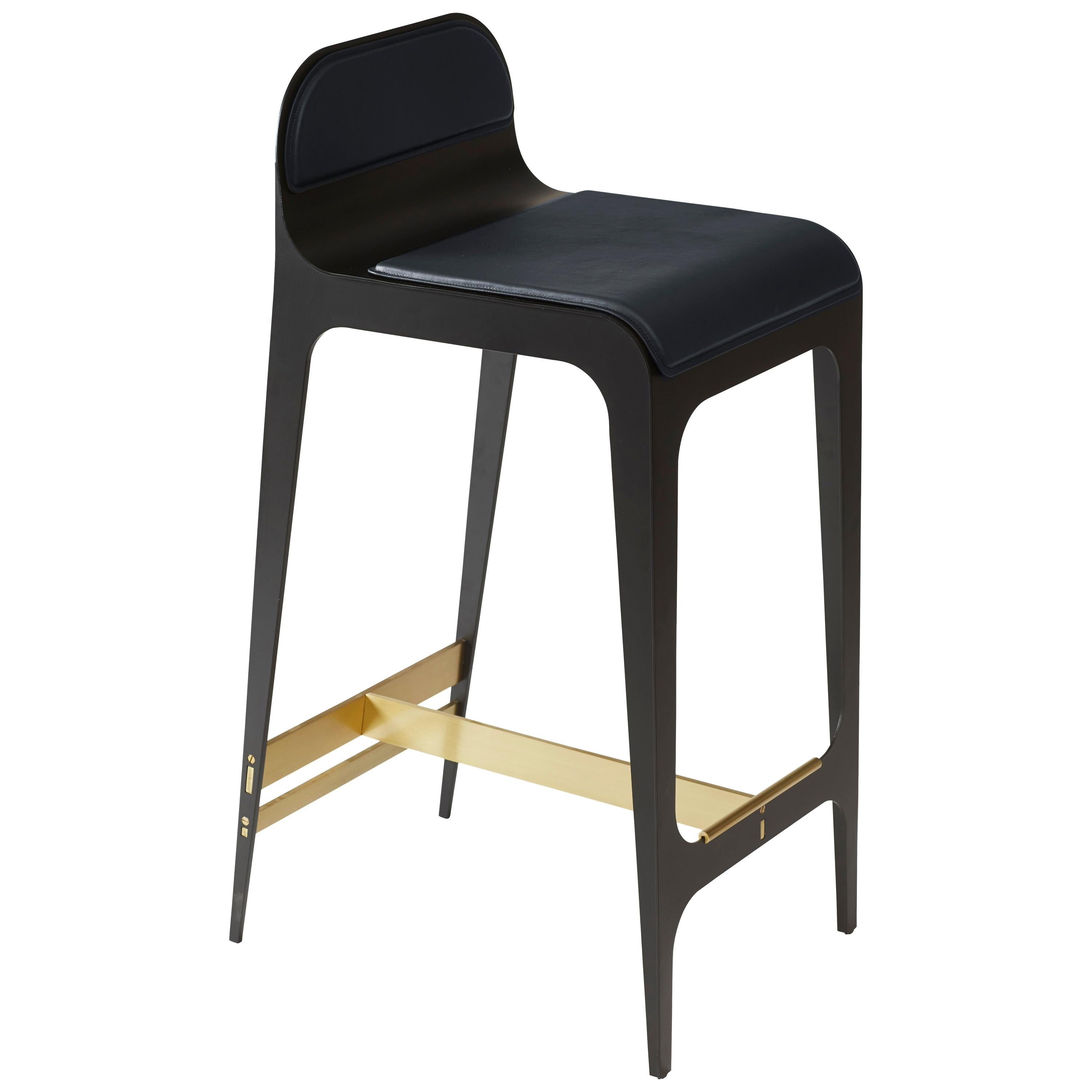 Blue (Navy Blue) Bardot Barstool with Leather Seat and Satin Brass Hardware by Gabriel Scott