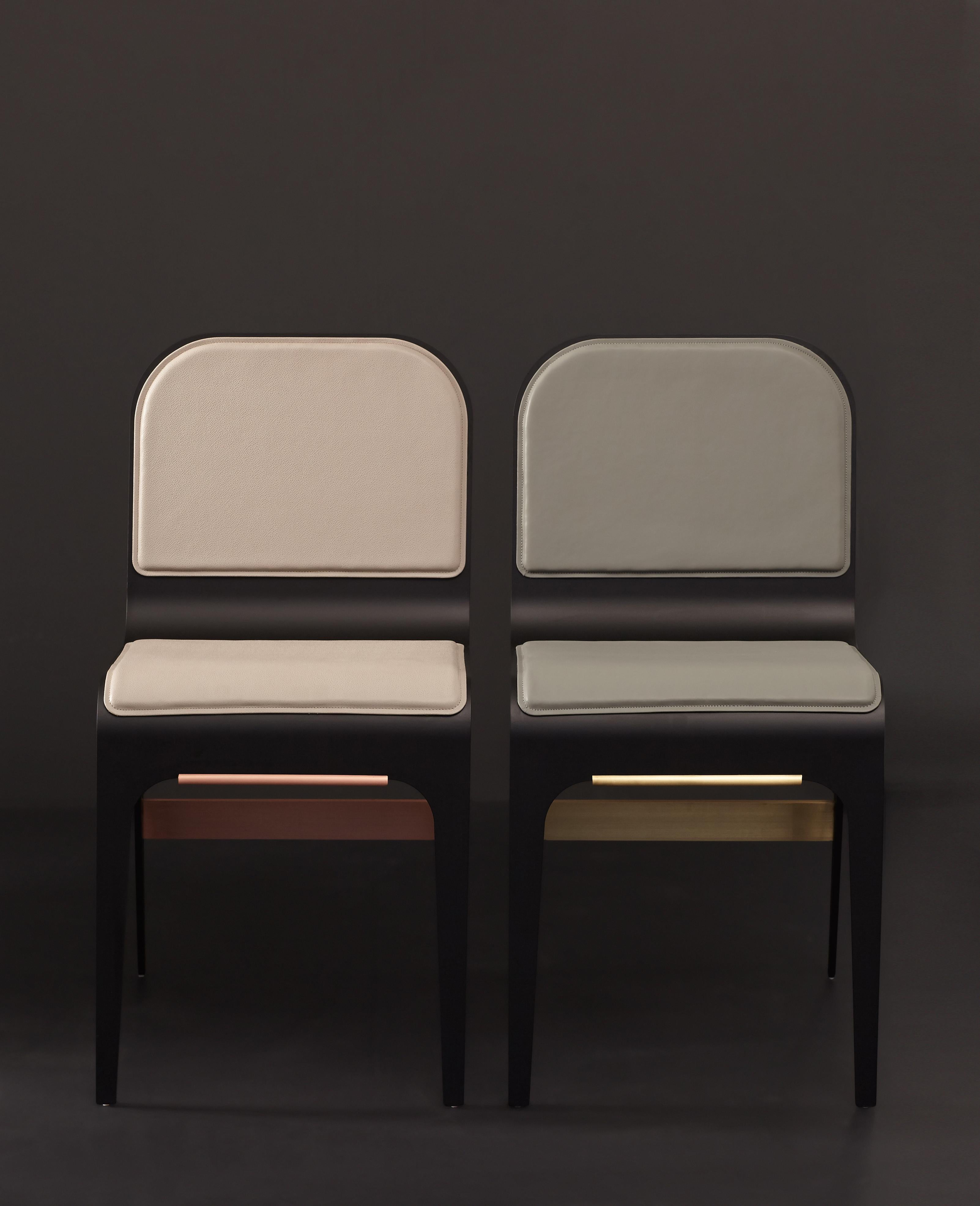 Modern Bardot Dining Chair with Leather Seat and Satin Brass Hardware by Gabriel Scott