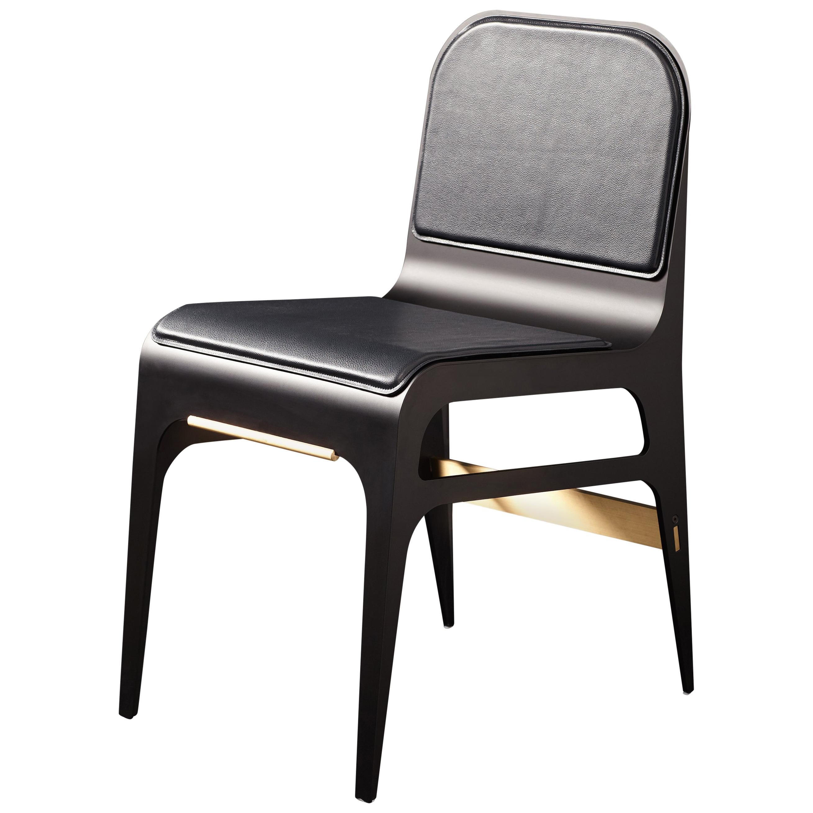 Blue (Navy Blue) Bardot Dining Chair with Leather Seat and Satin Brass Hardware by Gabriel Scott