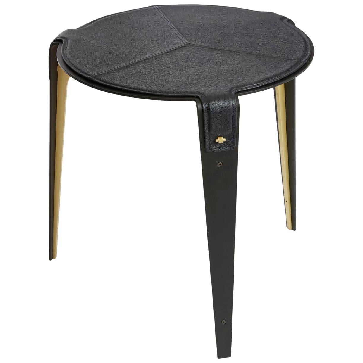 Blue (Navy Blue) Bardot Side Table with Leather Top and Satin Brass Hardware by Gabriel Scott