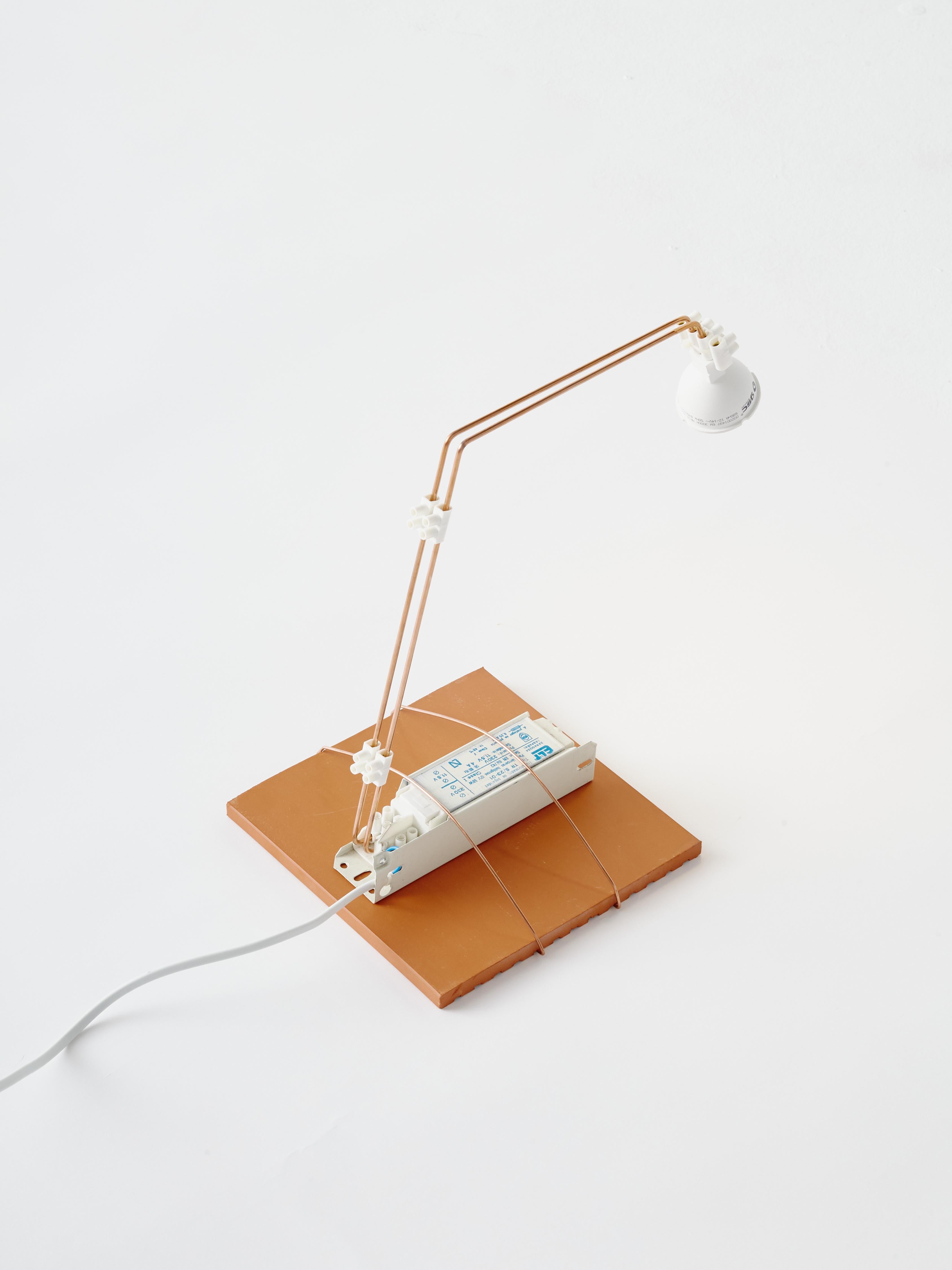 B.A.R.E 'Small Simple' Table Lamp is a piece that forms part of the serie Brick, Appliances, Rods and Electricity (B.A.R.E). This collection of lamps is produced with bricks or tiles on the bases, from which iron rod structures and electric quick