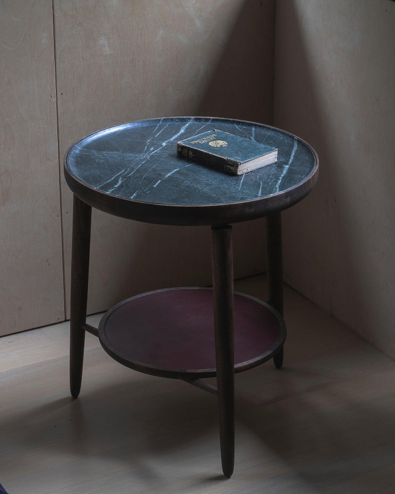 Baré Side Table, Walnut with Carved Soapstone Surface and Leather Tray