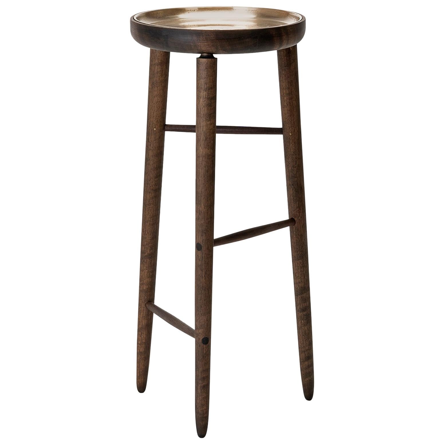 Baré Tall Plant Stand, Walnut with Cast Bronze Tray For Sale