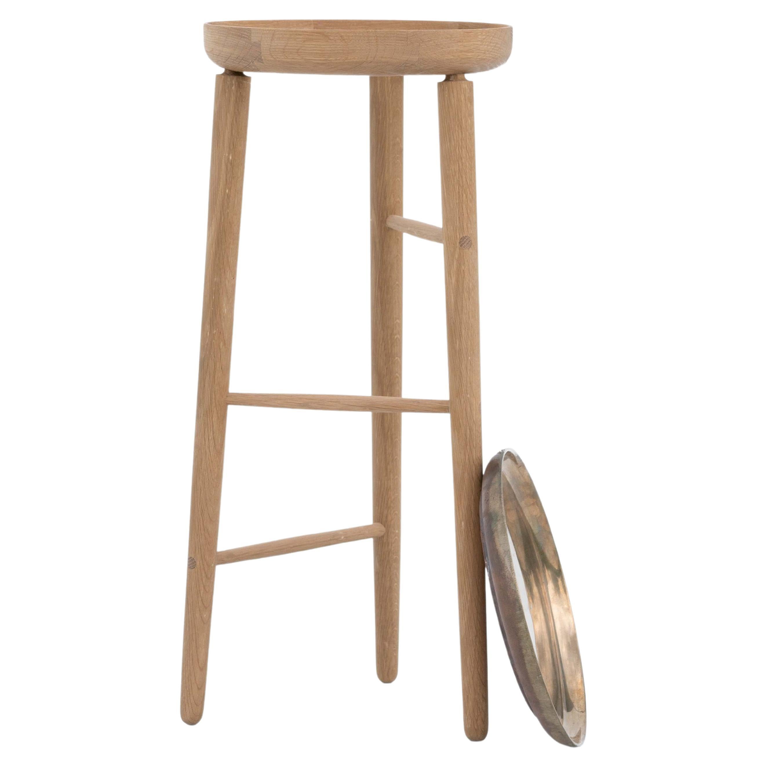 Baré Tall Plant Stand, White Oak with Cast Bronze Tray For Sale