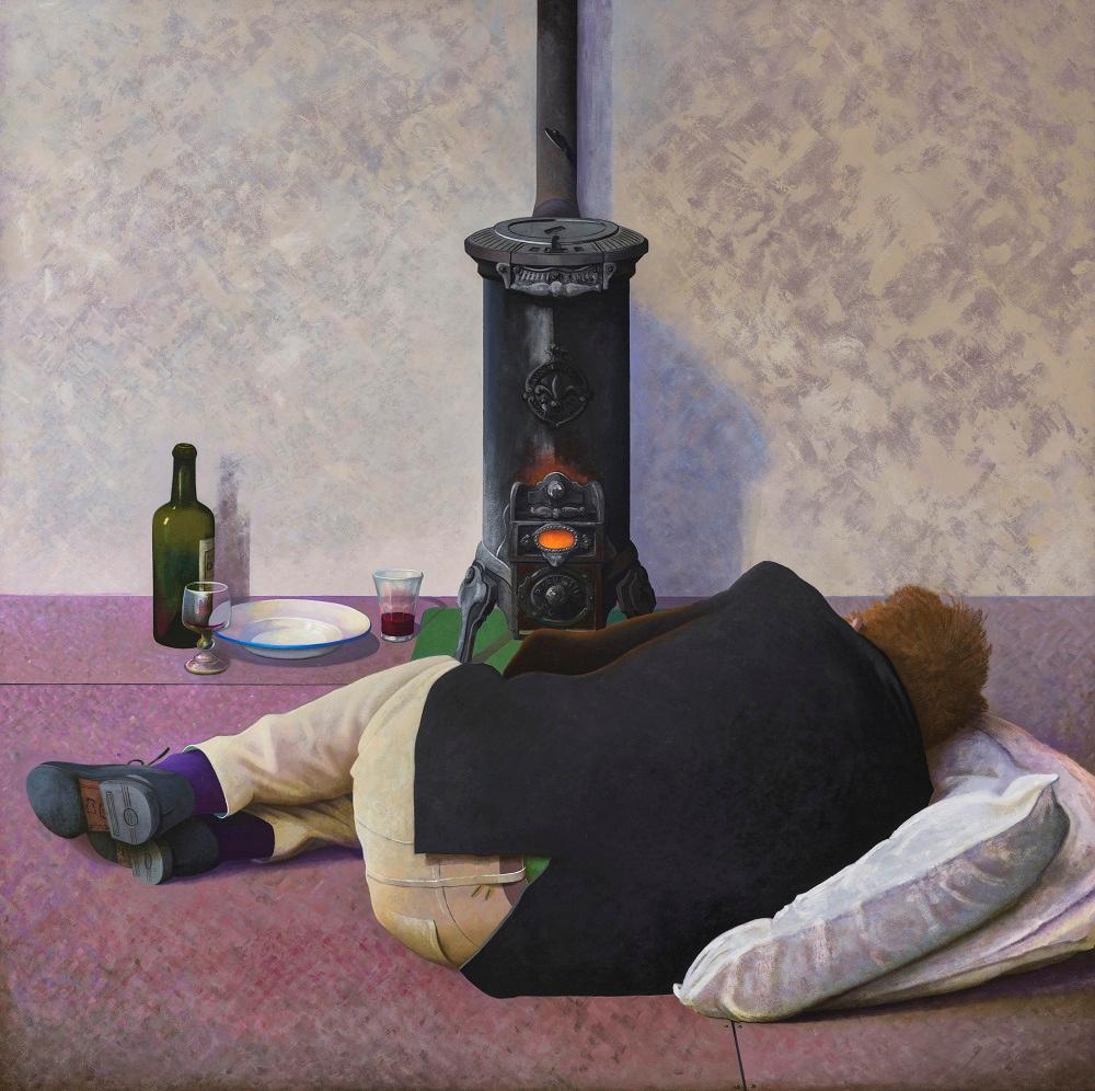 Barend Blankert Interior Painting - Bij de Kachel By the Stove Contemporary Oil Painting Wine Modern New In Stock