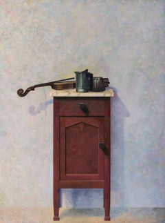 Viool en Koffiepot op Nachtkastje Violin and Coffee Pot on Nightstand In Stock