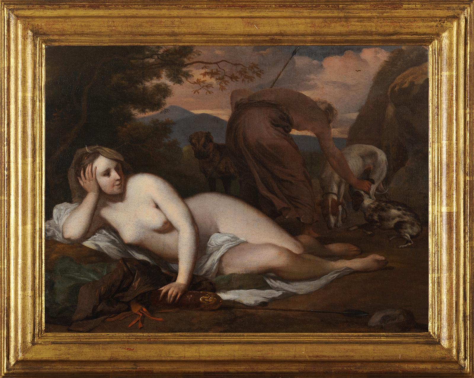 Barend Graat (1628-1709) Diana the huntress and her dogs - Black Figurative Painting by Barent Graat