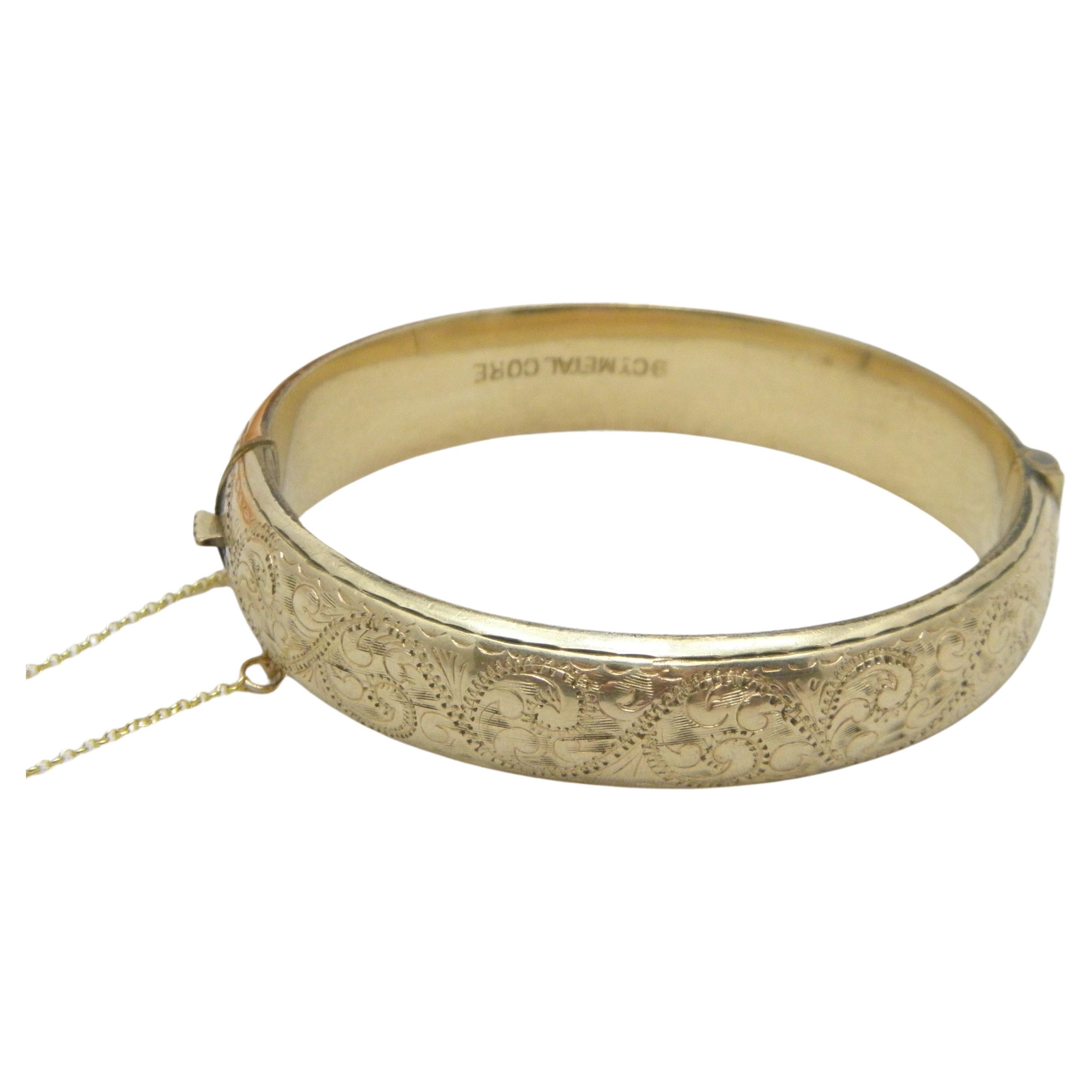 Bargain 9ct Gold 'Metal Cored' Floral Engraved Cuff Hinged Bracelet Bangle 375 For Sale