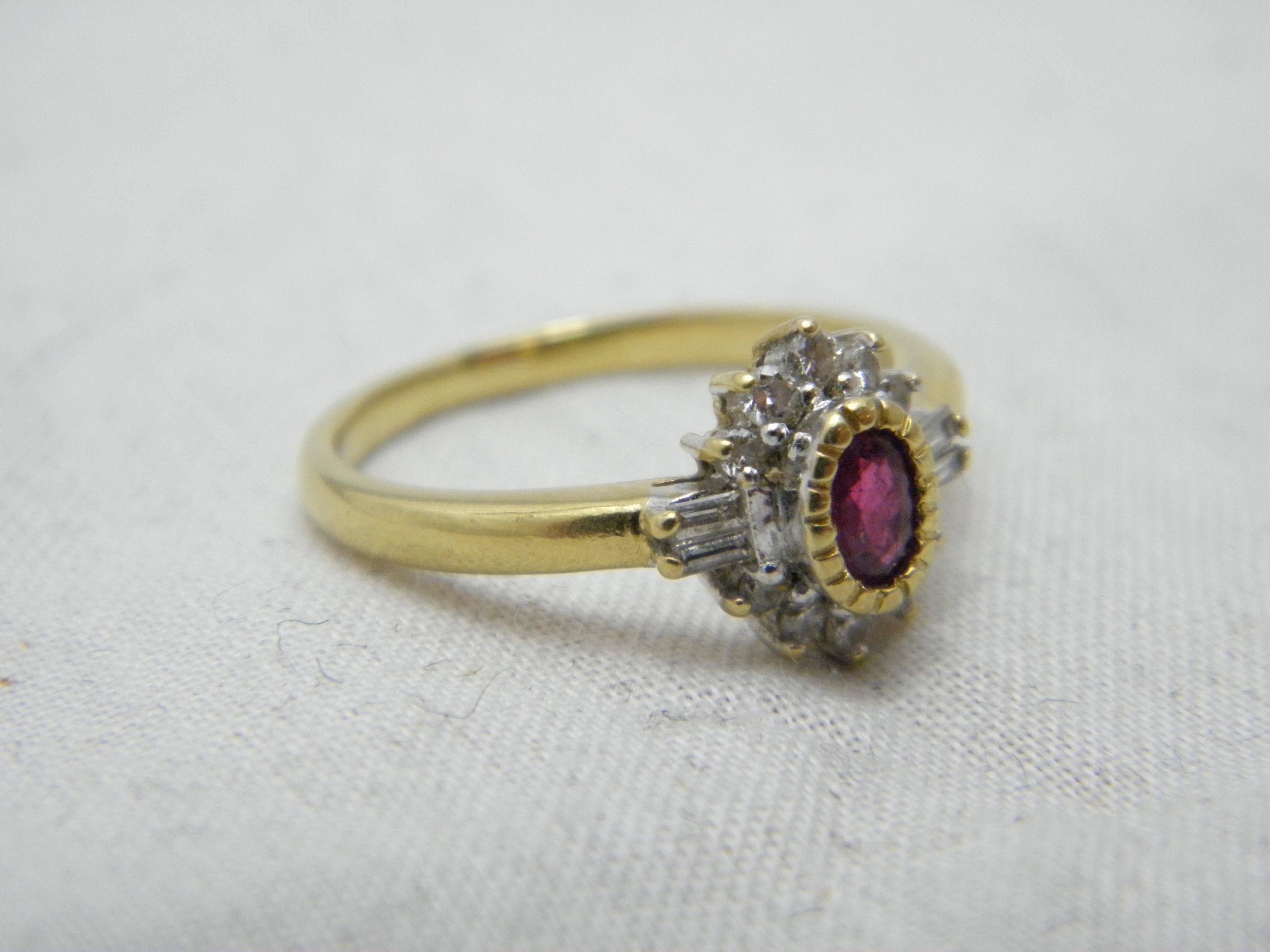 Round Cut Bargain Vintage 18ct Gold Ruby Diamond Heavy Cluster Engagement Ring For Sale