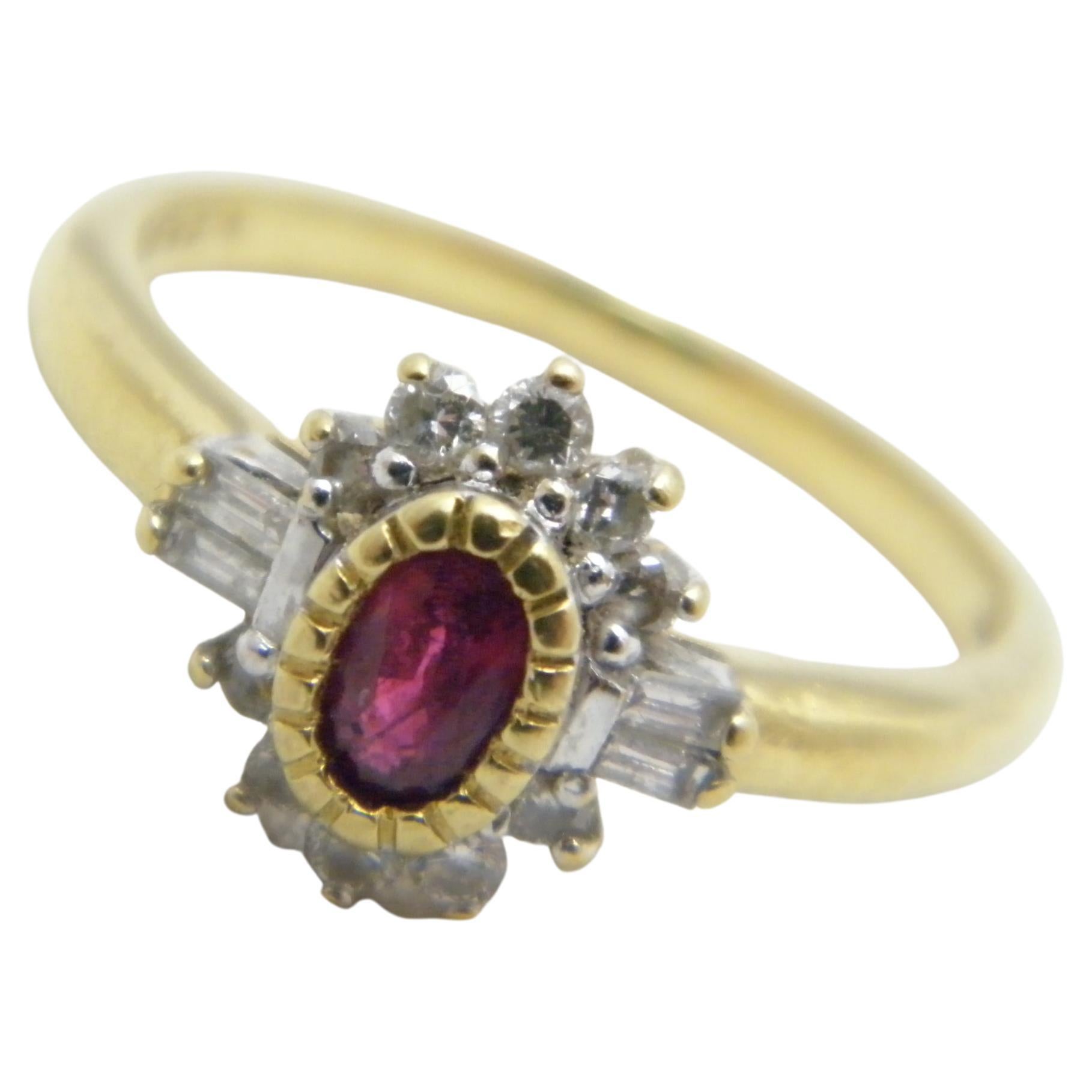 Bargain Vintage 18ct Gold Ruby Diamond Heavy Cluster Engagement Ring For Sale