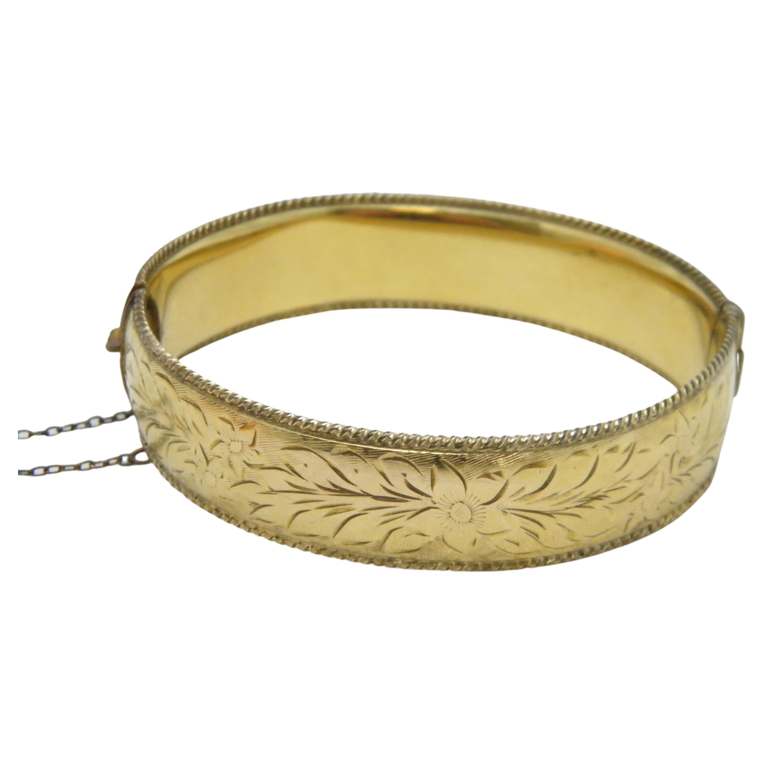 Bargain Vintage 9ct Gold 'Metal Core' Floral Engraved Cuff Hinged Bracelet For Sale
