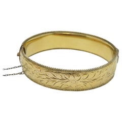 Bargain Vintage 9ct Gold 'Metal Core' Floral Engraved Cuff Hinged Bracelet