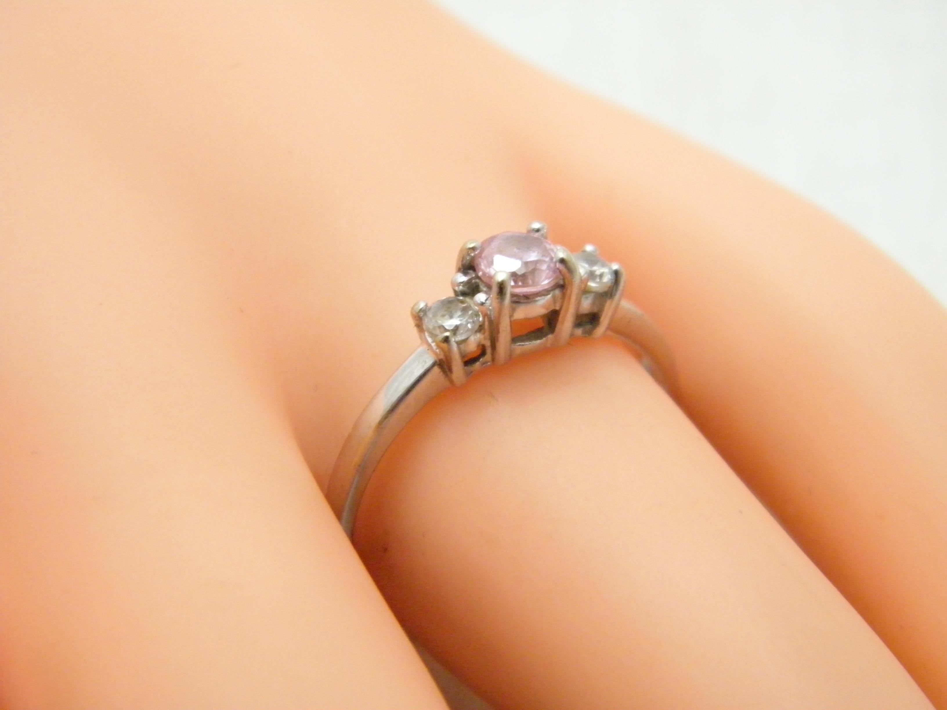 Contemporary Bargain Vintage 9ct White Gold Pink Sapphire and Diamond Paste Trilogy Ring For Sale