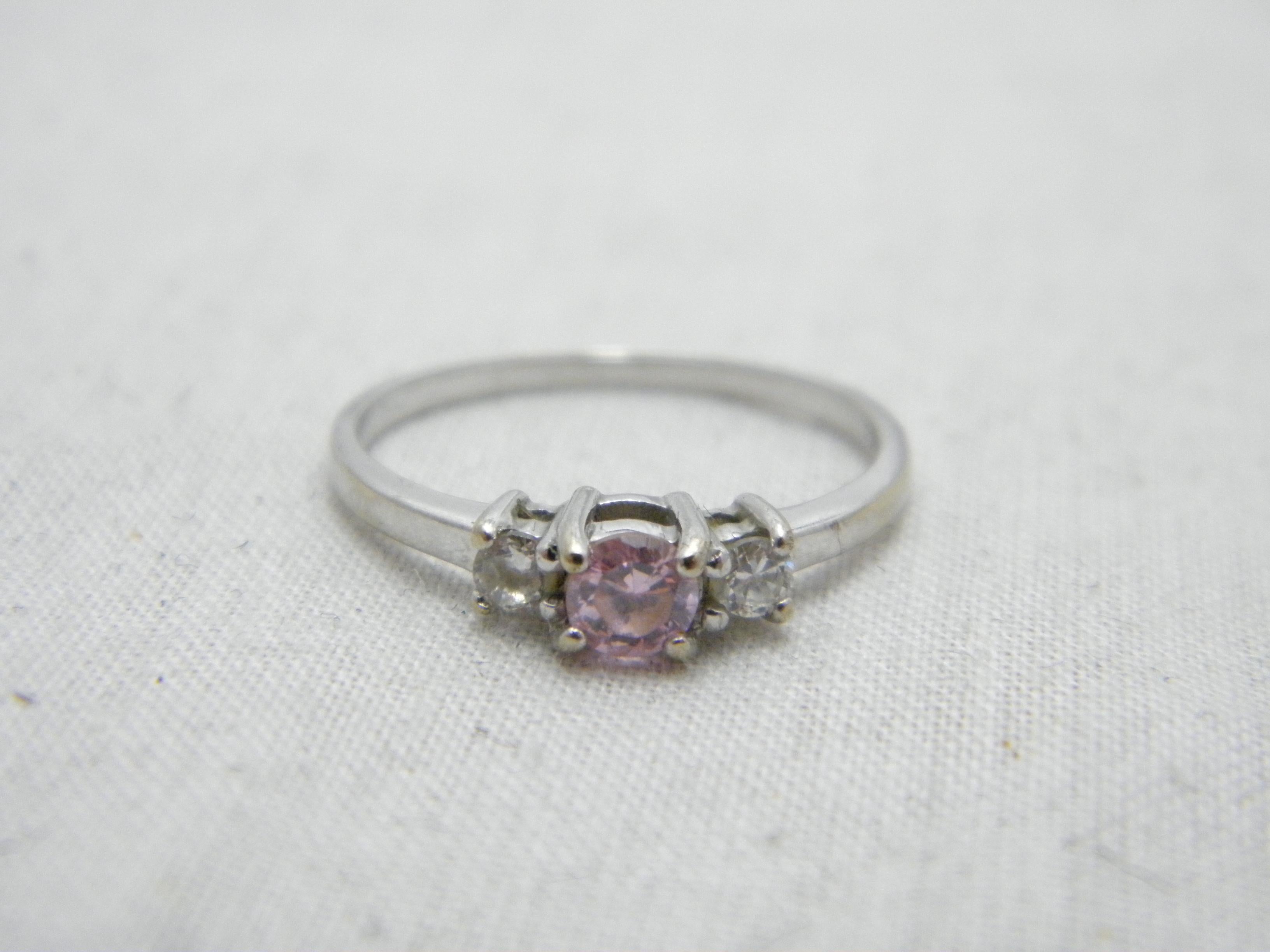 Women's or Men's Bargain Vintage 9ct White Gold Pink Sapphire and Diamond Paste Trilogy Ring For Sale