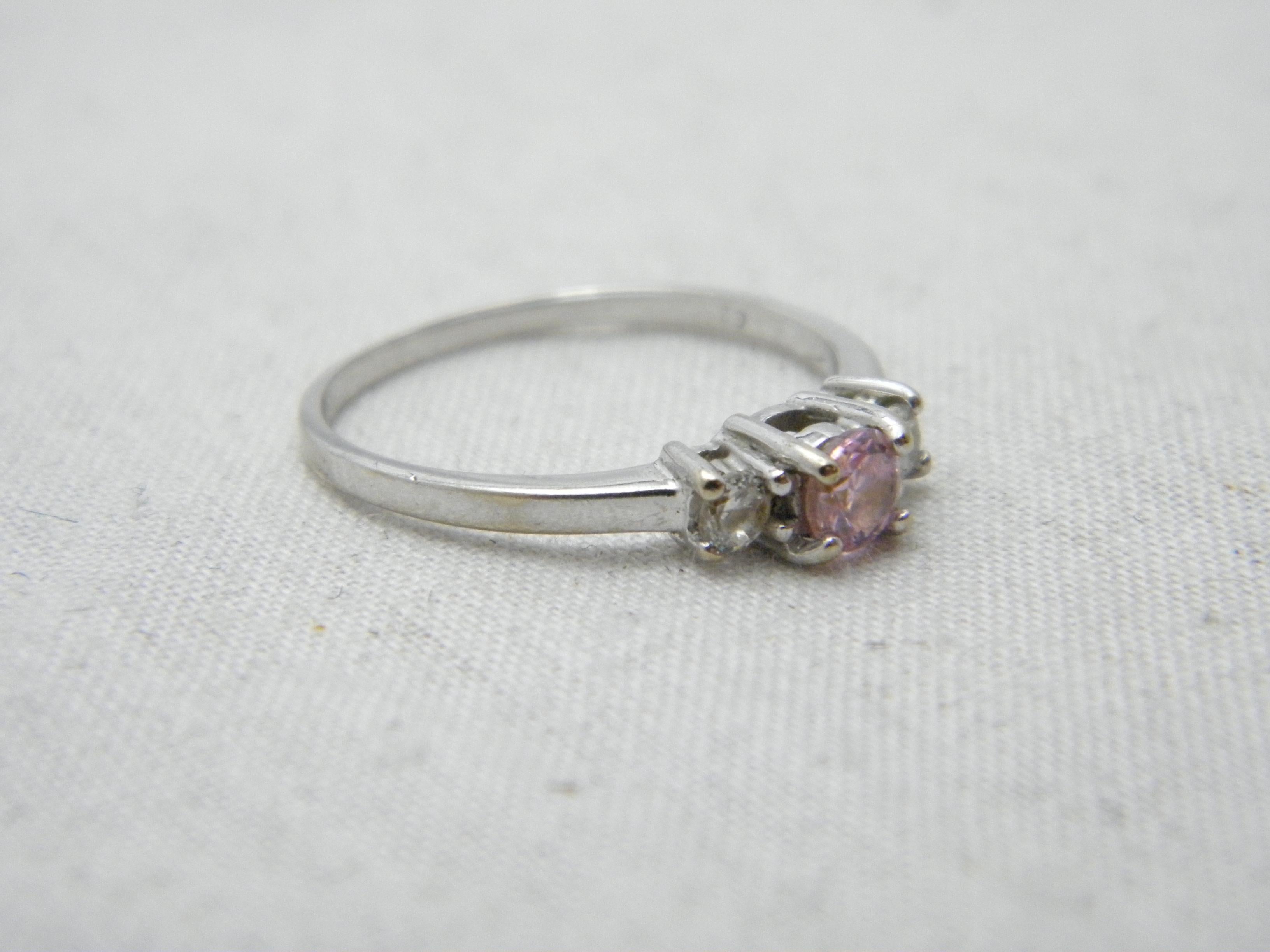 Bargain Vintage 9ct White Gold Pink Sapphire and Diamond Paste Trilogy Ring For Sale 1